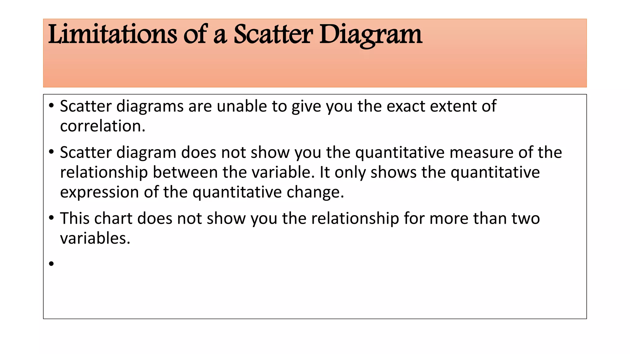 Limitations of a Scatter Diagram
• Scatter diagrams are unable to give you the exact extent of
correlation.
• Scatter diagram does not show you the quantitative measure of the
relationship between the variable. It only shows the quantitative
expression of the quantitative change.
• This chart does not show you the relationship for more than two
variables.
•
 