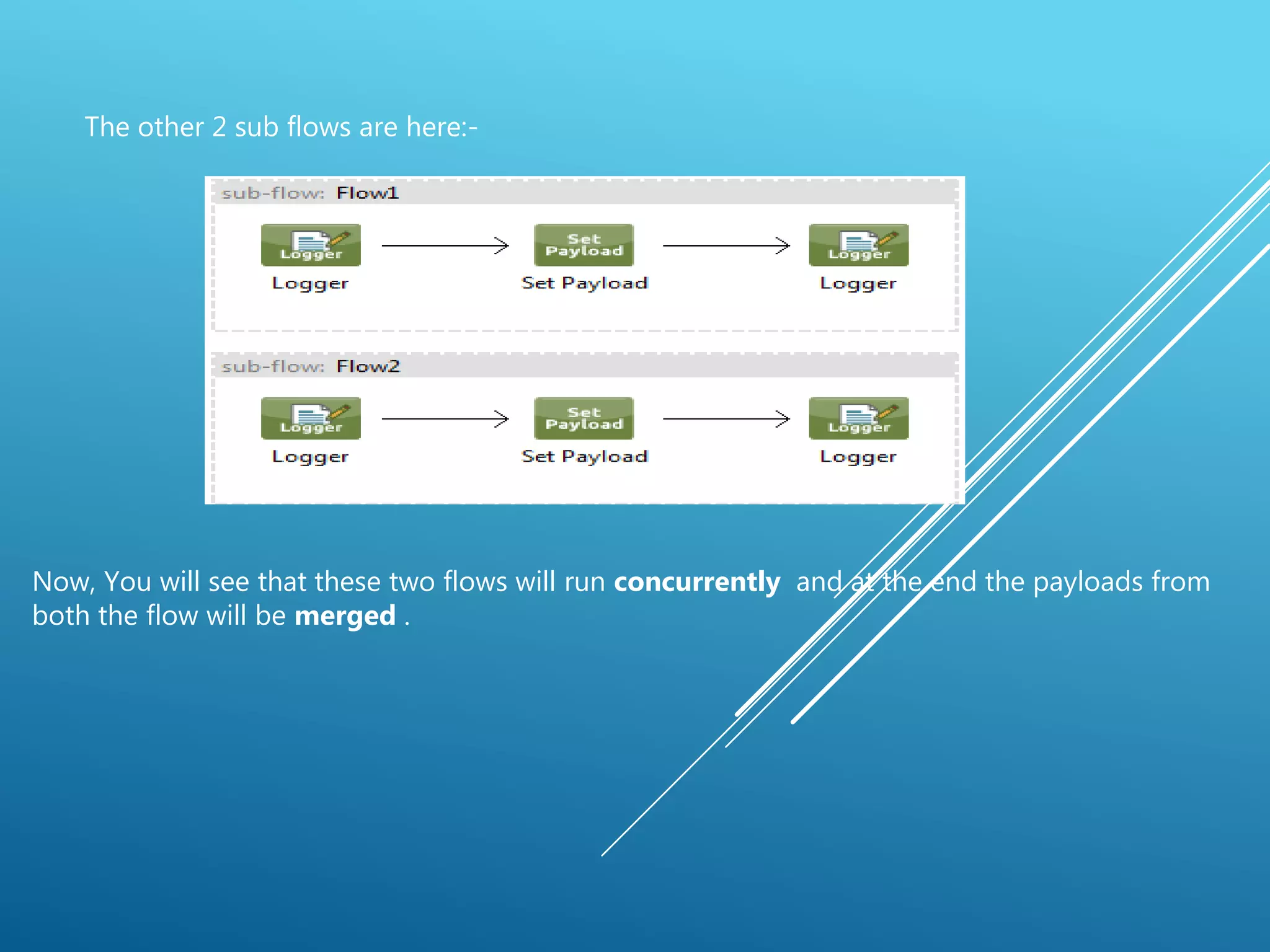 The other 2 sub flows are here:-
Now, You will see that these two flows will run concurrently and at the end the payloads from
both the flow will be merged .
