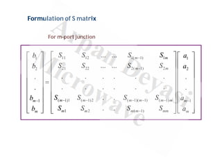 Formulation of S matrix
For m-port junction
11 12 1( 1) 1
1 1
21 22 2( 1) 2
2 2
( 1)1 ( 1)2 ( 1)( 1) ( 1)
1 1
1 2 ( 1)
... ...
... ...
. . . . . .
. .
. . . . . .
. .
. .
. .
m m
m m
m m m m m m
m m
m m m m mm
m m
S S S S
b a
S S S S
b a
S S S S
b a
S S S S
b a


    
 

 
   
 
   
 
   
 
   
  
   
 
   
 
   
 
   
   
 
   
 
 