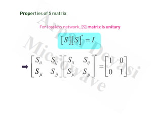 Properties of S matrix
For lossless network, [S] matrix is unitary
  
*
S S I

*
1 0
0 1
ii ij ii ij
ji jj ji jj
S S S S
S S S S
     

     
 
   
 