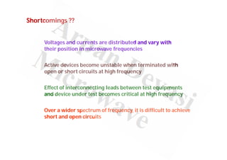 Shortcomings ??
Voltages and currents are distributed and vary with
their position in microwave frequencies
Active devices become unstable when terminated with
open or short circuits at high frequency
Effect of interconnecting leads between test equipments
and device under test becomes critical at high frequency
Over a wider spectrum of frequency, it is difficult to achieve
short and open circuits
 