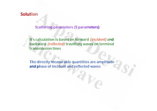Solution
Scattering parameters (S parameters)
It’s calculation is based on forward (incident) and
backward (reflected) travelling waves on terminal
transmission lines
The directly measurable quantities are amplitude
and phase of incident and reflected waves
 