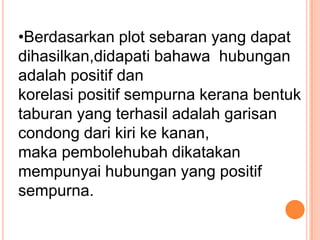 •Berdasarkan plot sebaran yang dapat
dihasilkan,didapati bahawa hubungan
adalah positif dan
korelasi positif sempurna kerana bentuk
taburan yang terhasil adalah garisan
condong dari kiri ke kanan,
maka pembolehubah dikatakan
mempunyai hubungan yang positif
sempurna.
 