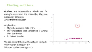Finding outliers
Outliers are observations which are far
enough away from the mean that they are
noticeably different.
Away from the cluster
Application:
• Might be errors in data entry
• They indicators that something is wrong
with our model.
• To detect fraudlet
We can discard them without harm to study
With outlier: average = 2.8
Without outlier: average = 2.1
 