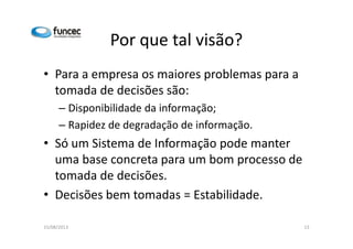 Por que tal visão? 
• Para a empresa os maiores problemas para a 
tomada de decisões são: 
– Disponibilidade da informação; 
– Rapidez de degradação ddee iinnffoorrmmaaççããoo.. 
• Só um Sistema de Informação pode manter 
uma base concreta para um bom processo de 
tomada de decisões. 
• Decisões bem tomadas = Estabilidade. 
15/08/2013 13 
 