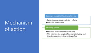 Mechanism
of action
• Patient spontaneous respiratory efforts
• Mechanical ventilation
Gases are vented to the atmosphere by
• Mounted on the anesthesia machine
• This minimize the length of the transfer tubing and
thus decrease the resistance to gas flow
Receiving system
 