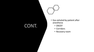 CONT.
• Gas exhaled by patient after
anesthesia
• OR/OT
• Corridors
• Recovery room
 