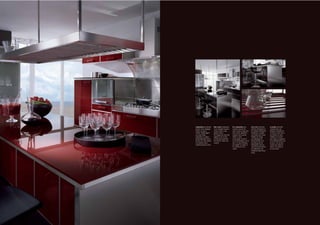 28.29




        Composizioni più articolate    More varied compositions     Des compositions plus         Eine in der Raummitte        Es posible desarrollar
        possono essere sviluppate      can be designed around a     articulées peuvent être       platzierte Arbeitsbank ist   composiciones más
        attorno a un banco             central counter, a new,      mises en place autour d’un    der attraktive Mittelpunkt   dinámicas alrededor de
        centrale, simbolo oggi di      dynamic feature.             banc central, aujourd’hui     komplexerer Lösungen         un banco central, hoy en
        una nuova vitalità.            The hanging rail, hood and   symbole d’une nouvelle        und Symbol einer neuen       día símbolo de nueva
        L’appendiera, la cappa e       appliances are in Steel,     vitalité. Le barre            Vitalität. Die Stange        vitalidad. El accesorio
        gli elettrodomestici sono in   a finish which underlines    d'accrochage, la hotte et     zum Aufhängen der            para colgar, la campana y
        Acciaio; una scelta estetica   this kitchen's values and    les électroménagers sont en   Küchenutensilien, der        los electrodomésticos son
        che sottolinea valori e        contents.                    Acier: un choix esthétique    Dunstabzug und die           de Acero: una elección
        contenuti di questa cucina.                                 qui souligne les valeurs et   Elektrogeräte sind aus       estética que exalta los
                                                                    les contenus de cette         Stahl und unterstreichen     valores y la sustancia
                                                                    cuisine.                      die äußerlichen und          de esta cocina.
                                                                                                  inhaltlichen Werte dieser
                                                                                                  Küche.
 
