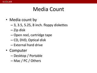 Media Count
• Media count by
– 3, 3.5, 5.25, 8 inch. floppy diskettes
– Zip disk
– Open reel, cartridge tape
– CD, DVD, Optical disk
– External hard drive
• Computer
– Desktop / Portable
– Mac / PC / Others
 