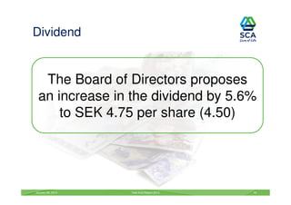 Dividend

The Board of Directors proposes
an increase in the dividend by 5.6%
to SEK 4.75 per share (4.50)

January 29, 2014

Year-End Report 2013

16

 