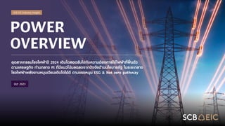 SCB EIC Industry insight
POWER
OVERVIEW
อุตสาหกรรมโรงไฟฟ้าปี 2024 เติบโตสอดรับไปกับความต้องการใช้ไฟฟ้าที่ฟื้นตัว
ตามเศรษฐกิจ ท่ามกลาง Ft ที่มีแนวโน้มลดลงจากปัจจัยด้านนโยบายรัฐ ในระยะกลาง
โรงไฟฟ้าพลังงานหมุนเวียนเติบโตได้ดี ตามแรงหนุน ESG & Net zero pathway
Oct 2023
 