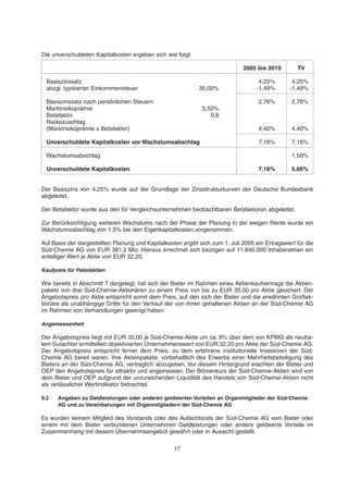 Die unverschuldeten Kapitalkosten ergeben sich wie folgt:
2005 bis 2010 TV
Basiszinssatz 4,25% 4,25%
abzgl. typisierter Einkommensteuer 35,00% -1,49% -1,49%
Basiszinssatz nach persönlichen Steuern 2,76% 2,76%
Marktrisikoprämie 5,50%
Betafaktor 0,8
Risikozuschlag
(Marktrisikoprämie x Betafaktor) 4,40% 4,40%
Unverschuldete Kapitalkosten vor Wachstumsabschlag 7,16% 7,16%
Wachstumsabschlag 1,50%
Unverschuldete Kapitalkosten 7,16% 5,66%
Der Basiszins von 4,25% wurde auf der Grundlage der Zinsstrukturkurven der Deutsche Bundesbank
abgeleitet.
Der Betafaktor wurde aus den für Vergleichsunternehmen beobachtbaren Betafaktoren abgeleitet.
Zur Berücksichtigung weiteren Wachstums nach der Phase der Planung in der ewigen Rente wurde ein
Wachstumsabschlag von 1,5% bei den Eigenkapitalkosten vorgenommen.
Auf Basis der dargestellten Planung und Kapitalkosten ergibt sich zum 1. Juli 2005 ein Ertragswert für die
Süd-Chemie AG von EUR 381,2 Mio. Hieraus errechnet sich bezogen auf 11.840.000 Inhaberaktien ein
anteiliger Wert je Aktie von EUR 32,20.
Kaufpreis für Paketaktien
Wie bereits in Abschnitt 7 dargelegt, hat sich der Bieter im Rahmen eines Aktienkaufvertrags die Aktien-
pakete von drei Süd-Chemie-Aktionären zu einem Preis von bis zu EUR 35,00 pro Aktie gesichert. Der
Angebotspreis pro Aktie entspricht somit dem Preis, auf den sich der Bieter und die erwähnten Großak-
tionäre als unabhängige Dritte für den Verkauf der von ihnen gehaltenen Aktien an der Süd-Chemie AG
im Rahmen von Verhandlungen geeinigt haben.
Angemessenheit
Der Angebotspreis liegt mit EUR 35,00 je Süd-Chemie-Aktie um ca. 9% über dem von KPMG als neutra-
lem Gutachter ermittelten objektivierten Unternehmenswert von EUR 32,20 pro Aktie der Süd-Chemie AG.
Der Angebotspreis entspricht ferner dem Preis, zu dem erfahrene institutionelle Investoren der Süd-
Chemie AG bereit waren, ihre Aktienpakete, vorbehaltlich des Erwerbs einer Mehrheitsbeteiligung des
Bieters an der Süd-Chemie AG, vertraglich abzugeben. Vor diesem Hintergrund erachten der Bieter und
OEP den Angebotspreis für attraktiv und angemessen. Der Börsenkurs der Süd-Chemie-Aktien wird von
dem Bieter und OEP aufgrund der unzureichenden Liquidität des Handels von Süd-Chemie-Aktien nicht
als verlässlicher Wertindikator betrachtet.
9.2 Angaben zu Geldleistungen oder anderen geldwerten Vorteilen an Organmitglieder der Süd-Chemie
AG und zu Vereinbarungen mit Organmitgliedern der Süd-Chemie AG
Es wurden keinem Mitglied des Vorstands oder des Aufsichtsrats der Süd-Chemie AG vom Bieter oder
einem mit dem Bieter verbundenen Unternehmen Geldleistungen oder andere geldwerte Vorteile im
Zusammenhang mit diesem Übernahmeangebot gewährt oder in Aussicht gestellt.
17
 
