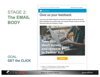 GOAL:
GET the CLICK
STAGE 2:
The EMAIL
BODY
@socalbma •Adam Q. Holden-Bache
 