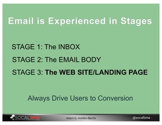 STAGE 1: The INBOX
Email is Experienced in Stages
STAGE 2: The EMAIL BODY
STAGE 3: The WEB SITE/LANDING PAGE
Always Drive Users to Conversion
@socalbma •Adam Q. Holden-Bache
 
