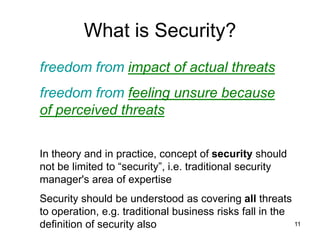 What is Security?
freedom from impact of actual threats
freedom from feeling unsure because
of perceived threats


In theo...