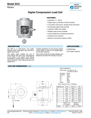 Digital Compression Load Cell
Model SCC
Revere
www.vishaypgloadcells.com Technical contact in Americas: lc.usa@vishaypg.com, Europe: lc.eur@vishaypg.com, Document Number: 11849
248 China: lc.china@vishaypg.com, Taiwan: lc.roc@vishaypg.com Revision: 10-Feb-10
FEATURES
• Capacities: 10 - 100 ton
• Digital output via RS-485 or RS-422 interface
• Low profile, multi-column, stainless steel construction
• Hermetically sealed, IP66 and IP68
• Certified to OIML R-60, 4000d
• Multiple-range versions available
• Internal diagnostics and lightning protection
• 240,000 counts resolution
• Maximum transmission distance 1200m
DESCRIPTION
The SCC is a multi-column, low profile,
stainless steel, compression load cell with a
digital output signal.
This digital output enables the user to
communicate with each SCC independently
of the others in the system, thus offering
advantages in system setup, system control,
corner correction, fault finding and load cell
replacement.
Suitable applications for this product include
various types of road and rail weighbridges,
and process weighing.
This product meets the stringent Weights and
Measures requirements throughout Europe.
APPLICATIONS
• Weighbridges
• Silo hopper weighing
OUTLINE DIMENSIONS in mm
G
50
25
1/2" NPT
C
Rad K
ØA
ØH
J
ØD
F
B
E
Cable specifications:
Cable length: 10 meters for 10t
20 meters all others
Excitation + Green
Excitation - Black
Rx + Yellow
Rx - Blue
Tx + Red
Tx - White
Shield Clear
Note: Dimensions are in millimeters
Capacity (t) 10, 25 40, 60 100
A 73.0 105.0 152.4
B 82.5 127.0 184.2
C 7.0 29.0 67.5
D 58.0 82.5 123.8
E 6.5 8.0 23.6
F 1.8 11.0 21.8
G 79.5 99.0 124.8
H 31.8 58.7 79.2
J
M12x1.75
(11 Deep)
M20x2.5
(20 Deep)
K Rad 152.0 152.0 432.0
 