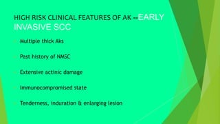 HIGH RISK CLINICAL FEATURES OF AK --EARLY
INVASIVE SCC
 Multiple thick Aks
 Past history of NMSC
 Extensive actinic damage
 Immunocompromised state
 Tenderness, induration & enlarging lesion
 
