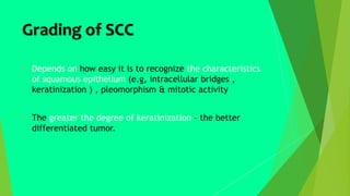 Grading of SCC
 Depends on how easy it is to recognize the characteristics
of squamous epithelium (e.g, intracellular bridges ,
keratinization ) , pleomorphism & mitotic activity
 The greater the degree of keratinization – the better
differentiated tumor.
 
