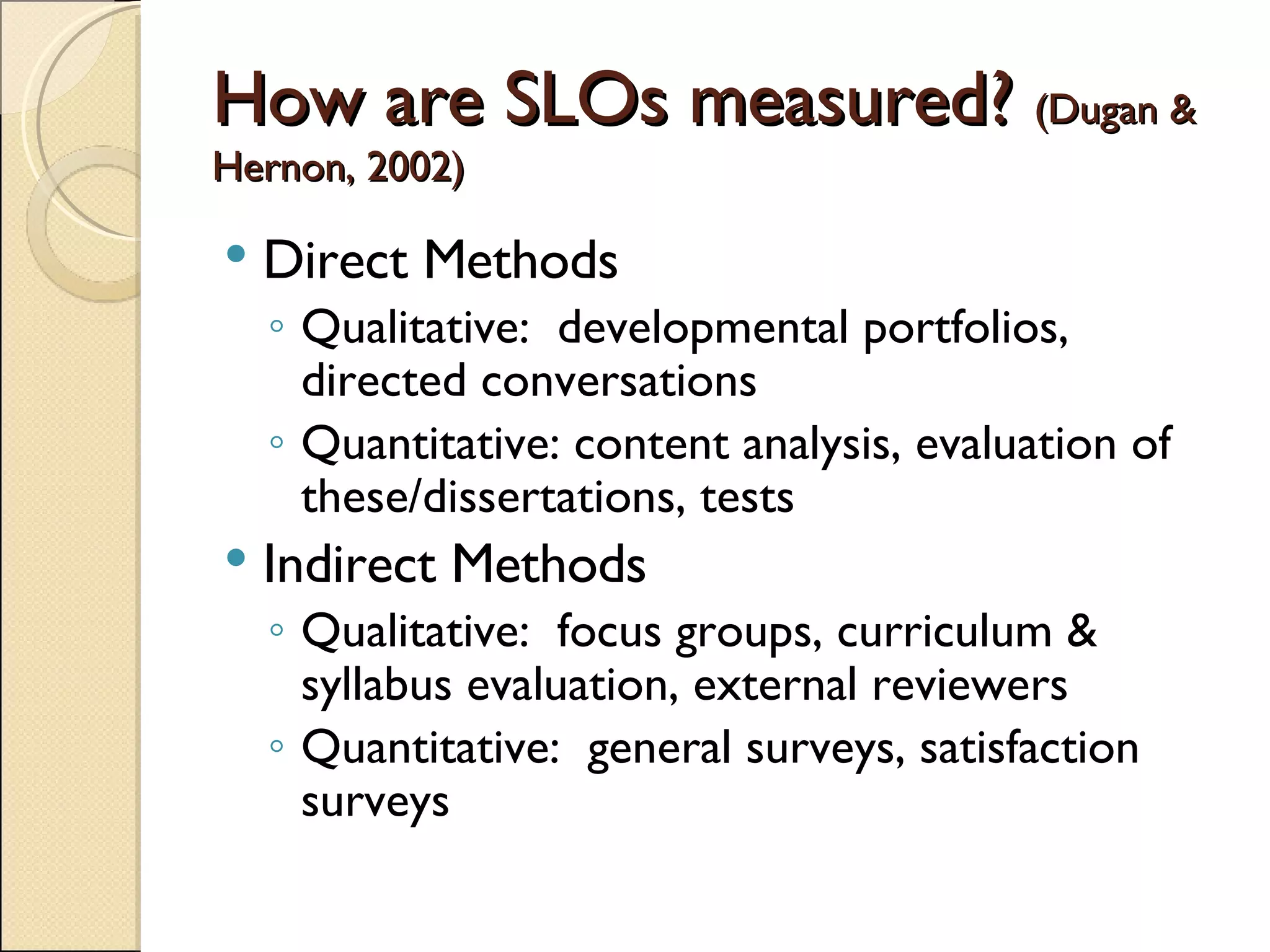 How are SLOs measured?  (Dugan & Hernon, 2002) Direct Methods Qualitative:  developmental portfolios, directed conversations Quantitative: content analysis, evaluation of these/dissertations, tests Indirect Methods Qualitative:  focus groups, curriculum & syllabus evaluation, external reviewers Quantitative:  general surveys, satisfaction surveys 