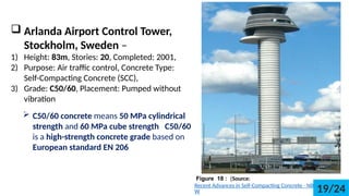 ? Arlanda Airport Control Tower,
Stockholm, Sweden C
1) Height: 83m, Stories: 20, Completed: 2001,
2) Purpose: Air traffic control, Concrete Type:
Self-Compacting Concrete (SCC),
3) Grade: C50/60, Placement: Pumped without
vibration
? C50/60 concrete means 50 MPa cylindrical
strength and 60 MPa cube strength C50/60
is a high-strength concrete grade based on
European standard EN 206
Figure 18 : (Source:
Recent Advances in Self-Compacting Concrete - NBMC
W 19/24
 
