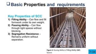 ?Basic Properties and requirements
Key Properties of SCC
1) Filling Ability C Can flow and fill
formwork under its own weight.
2) Passing Ability C Can flow
through tight spaces without
blocking.
3) Segregation Resistance C
Remains uniform without
separation.
Figure 4: Passing Ability & Filling Ability (GIF).
Source: 7/24
 