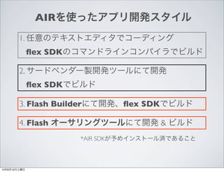 AIRʹäץ_k
1. Υƥȥǥǥ`ǥ
?ex SDKΥޥɥ饤󥳥ѥǥӥ
2. `ɥ٥`u_kĩ`ˤ_k
?ex SDKǥӥ
3. Flash Builderˤ_k?ex SDKǥӥ
4. Flash `󥰥ĩ`ˤ_k & ӥ
*AIR SDKᥤ󥹥ȩ`gǤ뤳
13810
 