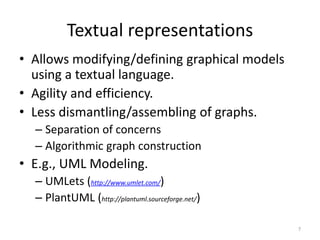 • Allows modifying/defining graphical models
using a textual language.
• Agility and efficiency.
• Less dismantling/assembling of graphs.
– Separation of concerns
– Algorithmic graph construction
• E.g., UML Modeling.
– UMLets (http://www.umlet.com/)
– PlantUML (http://plantuml.sourceforge.net/)
7
Textual representations
 