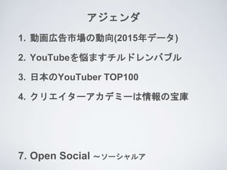 
1. ڸгζ(2015ǩ`)
2. YouTube򐘤ޤɥХ֥
3. ձYouTuber TOP100
4. ꥨ`ǥߩ`鱨α
7. Open Social ?`륢
 