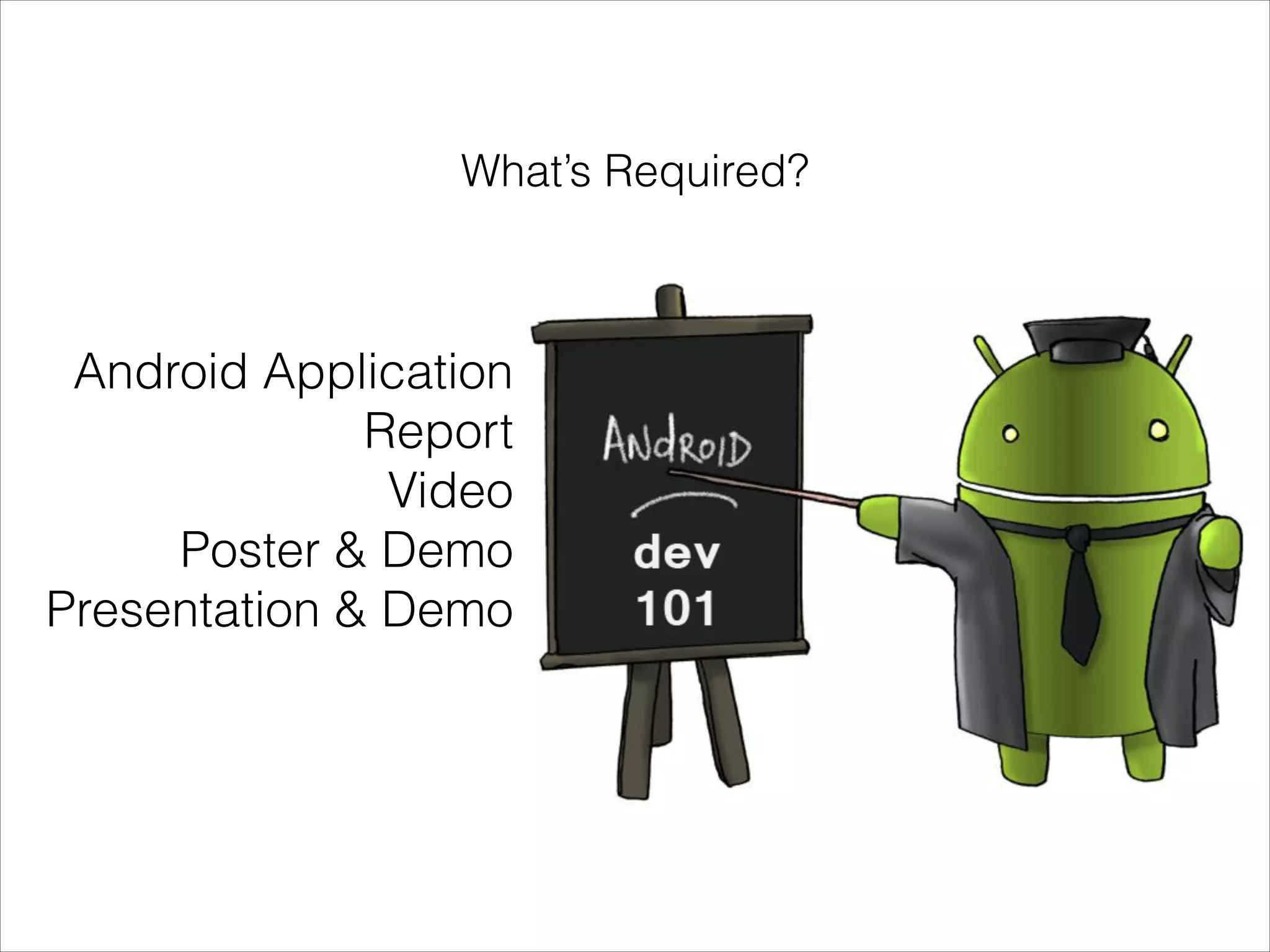 What’s Required?
Android Application
Report
Video
Poster & Demo
Presentation & Demo