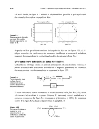 5 - 56 Capítulo 5 – ANALISIS DE SISTEMAS DE CONTROL EN TIEMPO DISCRETO
De modo similar, la figura 5.31 muestra el desplazamiento que sufre el polo equivalente
discreto del polo complejo conjugado de ( )T s .
Se puede verificar que el desplazamiento de los polos de ( )T z en las figuras 5.30 y 5.31,
origina una reducción en el número de muestras a medida que se aumenta el período de
muestreo, disminuyendo así la resolución del modelo discreto equivalente ( )T z .
Error estacionario del sistema de datos muestreados
Utilizando una estrategia similar a la aplicada en la sección 2.3 para el sistema continuo, es
posible evaluar el error estacionario asociado con la respuesta permanente del sistema de
datos muestreados, cuya forma canónica se muestra en la figura 5.32.
El error estacionario o error permanente se reconoce como el valor final de ( )e kT y es un
valor característico más de la respuesta dinámica del sistema de control, asociado con la
respuesta permanente. La figura 5.33 reproduce en el dominio-z el GFSM del sistema de
control de la figura 5.30, el cual se desarrolló en el ejemplo 5.14.
E*(s)
T
E(s)
G(s)
Y(s)
H(s)
+
−
R(s)Figura 5.32
Forma canónica para
evaluar el error
estacionario en un
sistema de control de
datos muestreados.
Figura 5.33
Forma canónica para
evaluar el error
estacionario en un
sistema de control de
datos muestreados.
Figura 5.31
Desplazamiento del polo
complejo del modelo
discreto equivalente por
efecto de T.
( )GH z−
( )E z ( )G z
( )R z ( )Y z
 