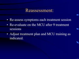 Goals of RehabilitationThe primary goal is to regain the strength and symmetry of the cervical musculature.We also aim to  improve the active ROM of the cervical spine where restriction has been identified.Secondary goals will be to decrease pain and improve overall function