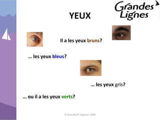 YEUX
© Noordhoff Uitgevers 2009
Il a les yeux bruns?
… les yeux bleus?
… les yeux gris?
… ou il a les yeux verts?
 