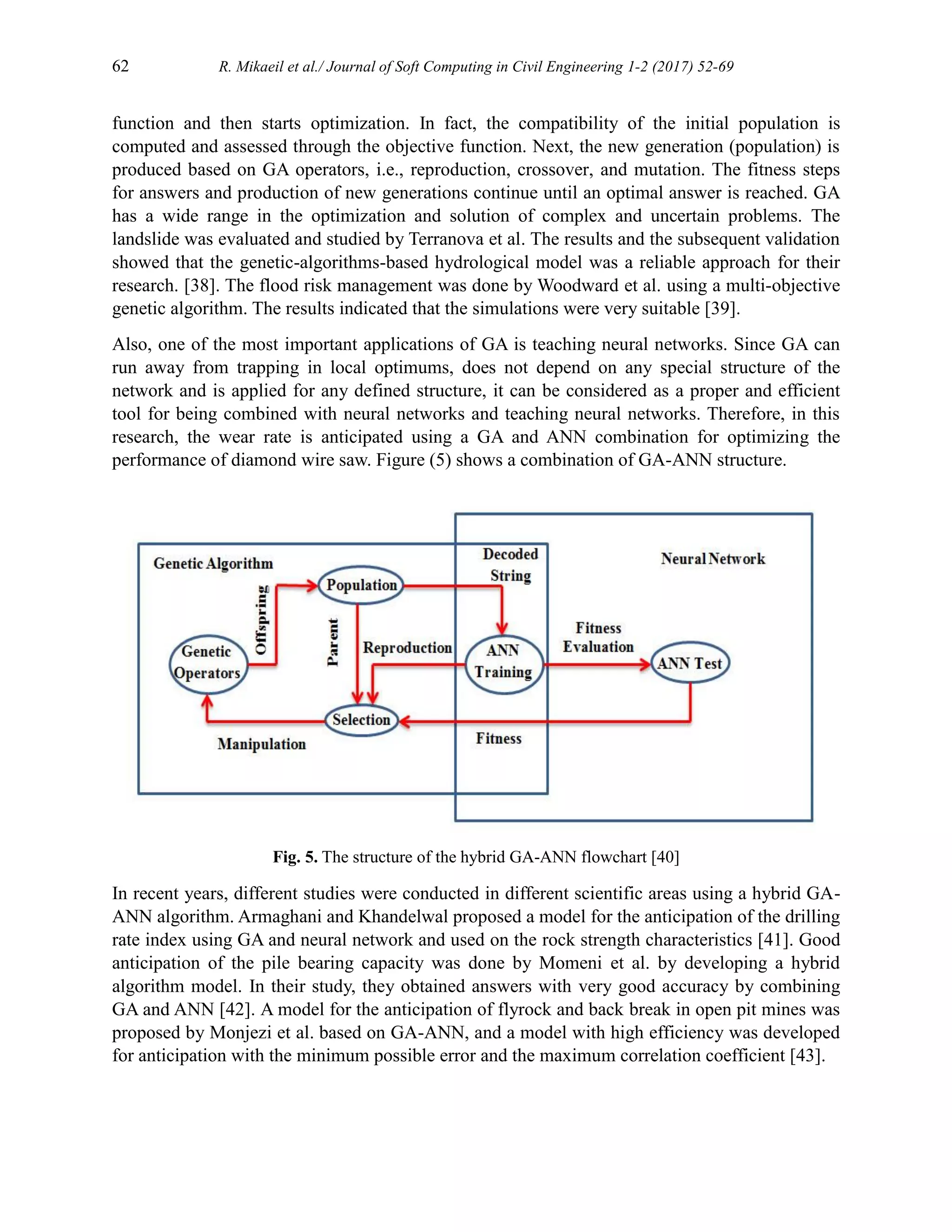 62 R. Mikaeil et al./ Journal of Soft Computing in Civil Engineering 1-2 (2017) 52-69
function and then starts optimization. In fact, the compatibility of the initial population is
computed and assessed through the objective function. Next, the new generation (population) is
produced based on GA operators, i.e., reproduction, crossover, and mutation. The fitness steps
for answers and production of new generations continue until an optimal answer is reached. GA
has a wide range in the optimization and solution of complex and uncertain problems. The
landslide was evaluated and studied by Terranova et al. The results and the subsequent validation
showed that the genetic-algorithms-based hydrological model was a reliable approach for their
research. [38]. The flood risk management was done by Woodward et al. using a multi-objective
genetic algorithm. The results indicated that the simulations were very suitable [39].
Also, one of the most important applications of GA is teaching neural networks. Since GA can
run away from trapping in local optimums, does not depend on any special structure of the
network and is applied for any defined structure, it can be considered as a proper and efficient
tool for being combined with neural networks and teaching neural networks. Therefore, in this
research, the wear rate is anticipated using a GA and ANN combination for optimizing the
performance of diamond wire saw. Figure (5) shows a combination of GA-ANN structure.
Fig. 5. The structure of the hybrid GA-ANN flowchart [40]
In recent years, different studies were conducted in different scientific areas using a hybrid GA-
ANN algorithm. Armaghani and Khandelwal proposed a model for the anticipation of the drilling
rate index using GA and neural network and used on the rock strength characteristics [41]. Good
anticipation of the pile bearing capacity was done by Momeni et al. by developing a hybrid
algorithm model. In their study, they obtained answers with very good accuracy by combining
GA and ANN [42]. A model for the anticipation of flyrock and back break in open pit mines was
proposed by Monjezi et al. based on GA-ANN, and a model with high efficiency was developed
for anticipation with the minimum possible error and the maximum correlation coefficient [43].
 