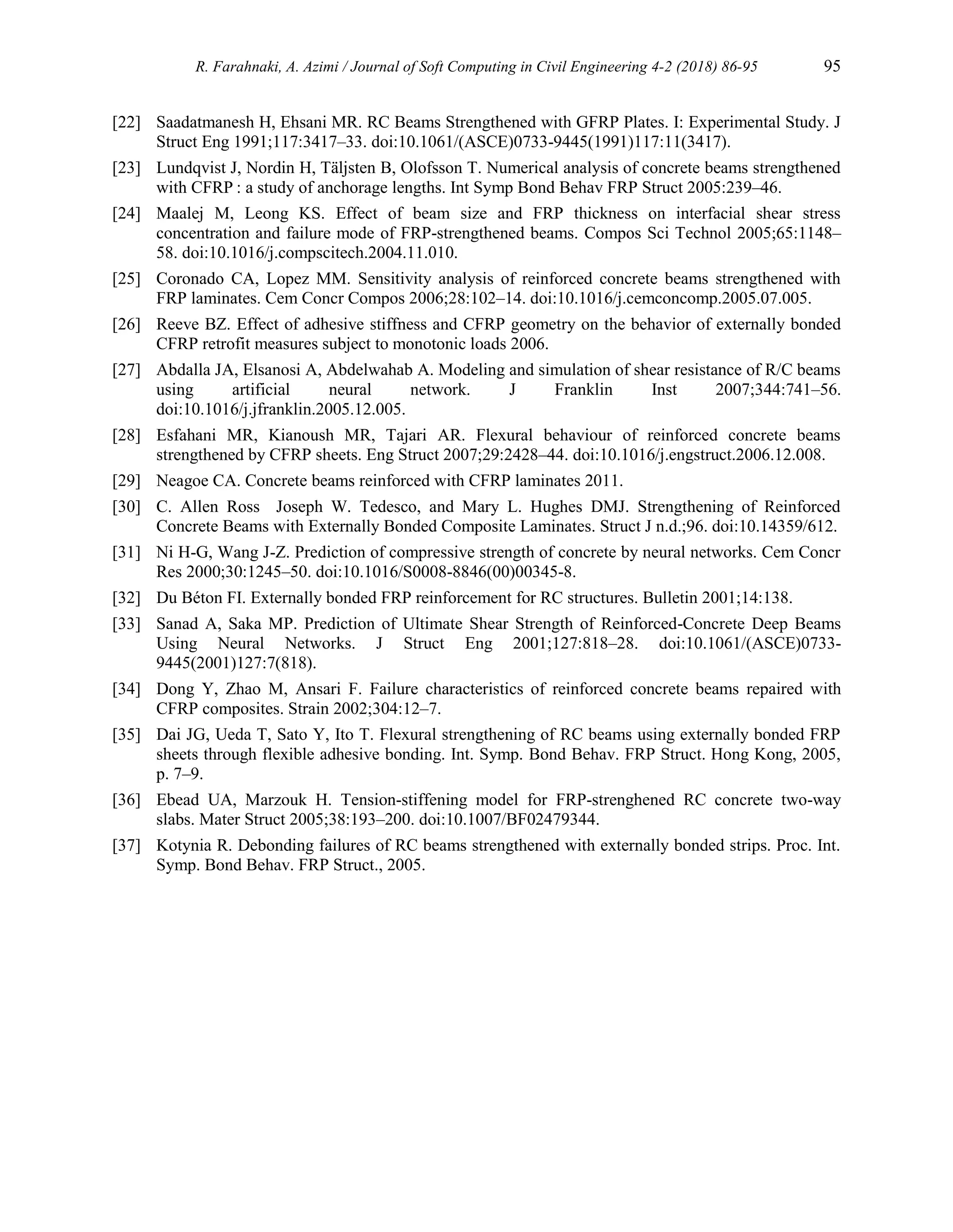 R. Farahnaki, A. Azimi / Journal of Soft Computing in Civil Engineering 4-2 (2018) 86-95 95
[22] Saadatmanesh H, Ehsani MR. RC Beams Strengthened with GFRP Plates. I: Experimental Study. J
Struct Eng 1991;117:3417–33. doi:10.1061/(ASCE)0733-9445(1991)117:11(3417).
[23] Lundqvist J, Nordin H, Täljsten B, Olofsson T. Numerical analysis of concrete beams strengthened
with CFRP : a study of anchorage lengths. Int Symp Bond Behav FRP Struct 2005:239–46.
[24] Maalej M, Leong KS. Effect of beam size and FRP thickness on interfacial shear stress
concentration and failure mode of FRP-strengthened beams. Compos Sci Technol 2005;65:1148–
58. doi:10.1016/j.compscitech.2004.11.010.
[25] Coronado CA, Lopez MM. Sensitivity analysis of reinforced concrete beams strengthened with
FRP laminates. Cem Concr Compos 2006;28:102–14. doi:10.1016/j.cemconcomp.2005.07.005.
[26] Reeve BZ. Effect of adhesive stiffness and CFRP geometry on the behavior of externally bonded
CFRP retrofit measures subject to monotonic loads 2006.
[27] Abdalla JA, Elsanosi A, Abdelwahab A. Modeling and simulation of shear resistance of R/C beams
using artificial neural network. J Franklin Inst 2007;344:741–56.
doi:10.1016/j.jfranklin.2005.12.005.
[28] Esfahani MR, Kianoush MR, Tajari AR. Flexural behaviour of reinforced concrete beams
strengthened by CFRP sheets. Eng Struct 2007;29:2428–44. doi:10.1016/j.engstruct.2006.12.008.
[29] Neagoe CA. Concrete beams reinforced with CFRP laminates 2011.
[30] C. Allen Ross Joseph W. Tedesco, and Mary L. Hughes DMJ. Strengthening of Reinforced
Concrete Beams with Externally Bonded Composite Laminates. Struct J n.d.;96. doi:10.14359/612.
[31] Ni H-G, Wang J-Z. Prediction of compressive strength of concrete by neural networks. Cem Concr
Res 2000;30:1245–50. doi:10.1016/S0008-8846(00)00345-8.
[32] Du Béton FI. Externally bonded FRP reinforcement for RC structures. Bulletin 2001;14:138.
[33] Sanad A, Saka MP. Prediction of Ultimate Shear Strength of Reinforced-Concrete Deep Beams
Using Neural Networks. J Struct Eng 2001;127:818–28. doi:10.1061/(ASCE)0733-
9445(2001)127:7(818).
[34] Dong Y, Zhao M, Ansari F. Failure characteristics of reinforced concrete beams repaired with
CFRP composites. Strain 2002;304:12–7.
[35] Dai JG, Ueda T, Sato Y, Ito T. Flexural strengthening of RC beams using externally bonded FRP
sheets through flexible adhesive bonding. Int. Symp. Bond Behav. FRP Struct. Hong Kong, 2005,
p. 7–9.
[36] Ebead UA, Marzouk H. Tension-stiffening model for FRP-strenghened RC concrete two-way
slabs. Mater Struct 2005;38:193–200. doi:10.1007/BF02479344.
[37] Kotynia R. Debonding failures of RC beams strengthened with externally bonded strips. Proc. Int.
Symp. Bond Behav. FRP Struct., 2005.
 
