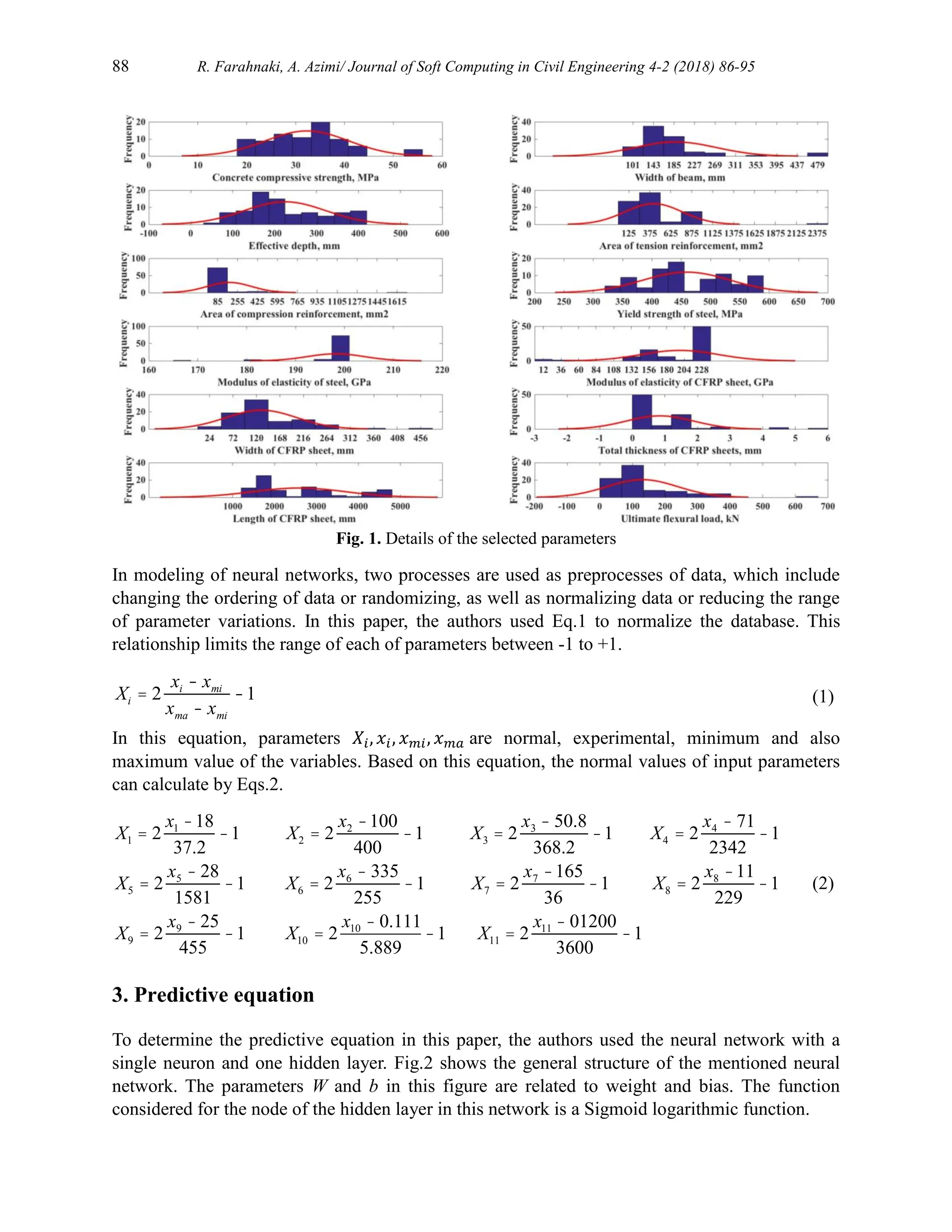 88 R. Farahnaki, A. Azimi/ Journal of Soft Computing in Civil Engineering 4-2 (2018) 86-95
Fig. 1. Details of the selected parameters
In modeling of neural networks, two processes are used as preprocesses of data, which include
changing the ordering of data or randomizing, as well as normalizing data or reducing the range
of parameter variations. In this paper, the authors used Eq.1 to normalize the database. This
relationship limits the range of each of parameters between -1 to +1.
(1)
In this equation, parameters 𝑋𝑖, 𝑥𝑖, 𝑥𝑚𝑖, 𝑥𝑚𝑎 are normal, experimental, minimum and also
maximum value of the variables. Based on this equation, the normal values of input parameters
can calculate by Eqs.2.
(2)
3. Predictive equation
To determine the predictive equation in this paper, the authors used the neural network with a
single neuron and one hidden layer. Fig.2 shows the general structure of the mentioned neural
network. The parameters W and b in this figure are related to weight and bias. The function
considered for the node of the hidden layer in this network is a Sigmoid logarithmic function.
Xi = 2
xi - xmi
xma - xmi
-1
X1 = 2
x1 -18
37.2
-1 X2 = 2
x2 -100
400
-1 X3 = 2
x3 - 50.8
368.2
-1 X4 = 2
x4 - 71
2342
-1
X5 = 2
x5 - 28
1581
-1 X6 = 2
x6 - 335
255
-1 X7 = 2
x7 -165
36
-1 X8 = 2
x8 -11
229
-1
X9 = 2
x9 - 25
455
-1 X10 = 2
x10 - 0.111
5.889
-1 X11 = 2
x11 - 01200
3600
-1
 