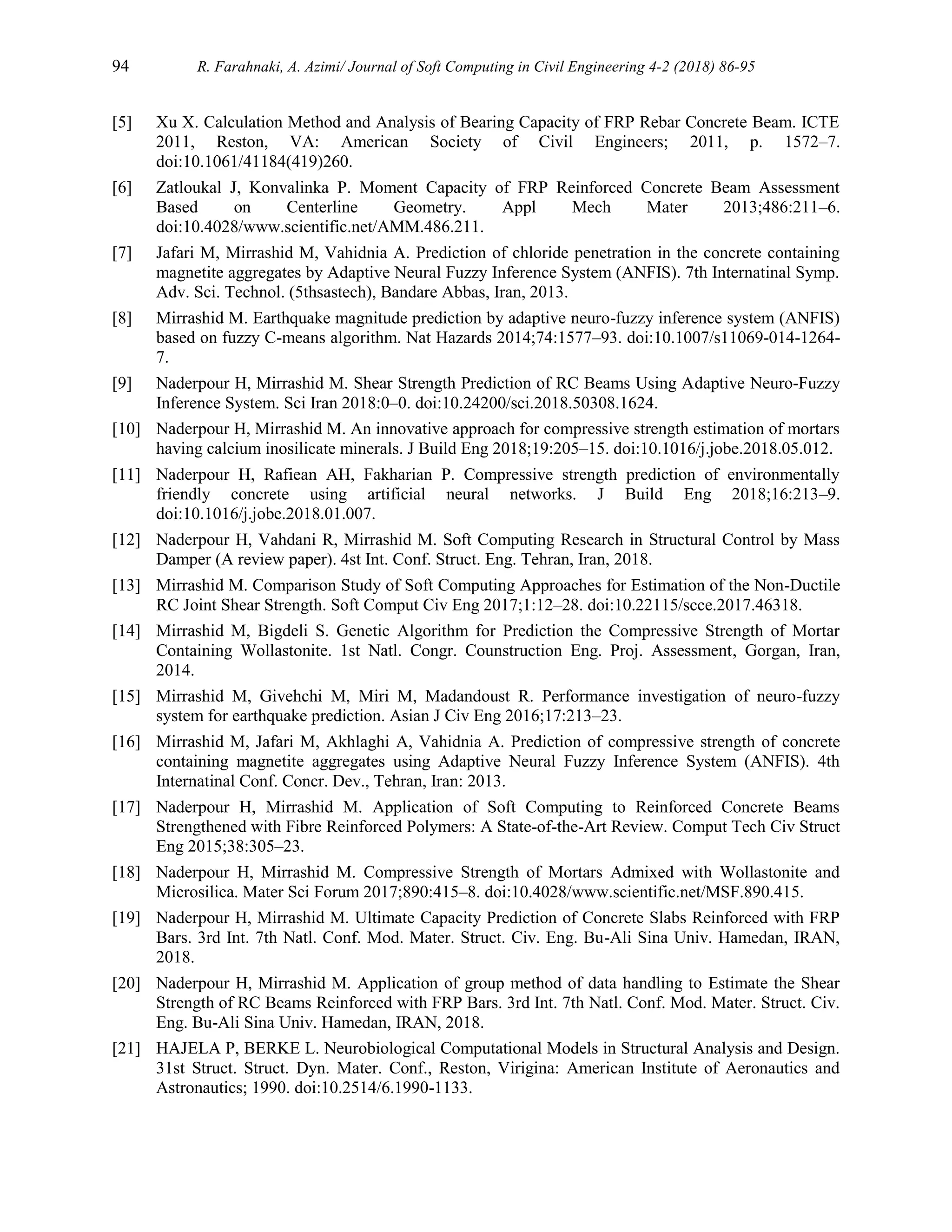 94 R. Farahnaki, A. Azimi/ Journal of Soft Computing in Civil Engineering 4-2 (2018) 86-95
[5] Xu X. Calculation Method and Analysis of Bearing Capacity of FRP Rebar Concrete Beam. ICTE
2011, Reston, VA: American Society of Civil Engineers; 2011, p. 1572–7.
doi:10.1061/41184(419)260.
[6] Zatloukal J, Konvalinka P. Moment Capacity of FRP Reinforced Concrete Beam Assessment
Based on Centerline Geometry. Appl Mech Mater 2013;486:211–6.
doi:10.4028/www.scientific.net/AMM.486.211.
[7] Jafari M, Mirrashid M, Vahidnia A. Prediction of chloride penetration in the concrete containing
magnetite aggregates by Adaptive Neural Fuzzy Inference System (ANFIS). 7th Internatinal Symp.
Adv. Sci. Technol. (5thsastech), Bandare Abbas, Iran, 2013.
[8] Mirrashid M. Earthquake magnitude prediction by adaptive neuro-fuzzy inference system (ANFIS)
based on fuzzy C-means algorithm. Nat Hazards 2014;74:1577–93. doi:10.1007/s11069-014-1264-
7.
[9] Naderpour H, Mirrashid M. Shear Strength Prediction of RC Beams Using Adaptive Neuro-Fuzzy
Inference System. Sci Iran 2018:0–0. doi:10.24200/sci.2018.50308.1624.
[10] Naderpour H, Mirrashid M. An innovative approach for compressive strength estimation of mortars
having calcium inosilicate minerals. J Build Eng 2018;19:205–15. doi:10.1016/j.jobe.2018.05.012.
[11] Naderpour H, Rafiean AH, Fakharian P. Compressive strength prediction of environmentally
friendly concrete using artificial neural networks. J Build Eng 2018;16:213–9.
doi:10.1016/j.jobe.2018.01.007.
[12] Naderpour H, Vahdani R, Mirrashid M. Soft Computing Research in Structural Control by Mass
Damper (A review paper). 4st Int. Conf. Struct. Eng. Tehran, Iran, 2018.
[13] Mirrashid M. Comparison Study of Soft Computing Approaches for Estimation of the Non-Ductile
RC Joint Shear Strength. Soft Comput Civ Eng 2017;1:12–28. doi:10.22115/scce.2017.46318.
[14] Mirrashid M, Bigdeli S. Genetic Algorithm for Prediction the Compressive Strength of Mortar
Containing Wollastonite. 1st Natl. Congr. Counstruction Eng. Proj. Assessment, Gorgan, Iran,
2014.
[15] Mirrashid M, Givehchi M, Miri M, Madandoust R. Performance investigation of neuro-fuzzy
system for earthquake prediction. Asian J Civ Eng 2016;17:213–23.
[16] Mirrashid M, Jafari M, Akhlaghi A, Vahidnia A. Prediction of compressive strength of concrete
containing magnetite aggregates using Adaptive Neural Fuzzy Inference System (ANFIS). 4th
Internatinal Conf. Concr. Dev., Tehran, Iran: 2013.
[17] Naderpour H, Mirrashid M. Application of Soft Computing to Reinforced Concrete Beams
Strengthened with Fibre Reinforced Polymers: A State-of-the-Art Review. Comput Tech Civ Struct
Eng 2015;38:305–23.
[18] Naderpour H, Mirrashid M. Compressive Strength of Mortars Admixed with Wollastonite and
Microsilica. Mater Sci Forum 2017;890:415–8. doi:10.4028/www.scientific.net/MSF.890.415.
[19] Naderpour H, Mirrashid M. Ultimate Capacity Prediction of Concrete Slabs Reinforced with FRP
Bars. 3rd Int. 7th Natl. Conf. Mod. Mater. Struct. Civ. Eng. Bu-Ali Sina Univ. Hamedan, IRAN,
2018.
[20] Naderpour H, Mirrashid M. Application of group method of data handling to Estimate the Shear
Strength of RC Beams Reinforced with FRP Bars. 3rd Int. 7th Natl. Conf. Mod. Mater. Struct. Civ.
Eng. Bu-Ali Sina Univ. Hamedan, IRAN, 2018.
[21] HAJELA P, BERKE L. Neurobiological Computational Models in Structural Analysis and Design.
31st Struct. Struct. Dyn. Mater. Conf., Reston, Virigina: American Institute of Aeronautics and
Astronautics; 1990. doi:10.2514/6.1990-1133.
 