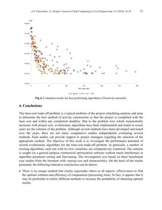 A.P. Chassiakos, G. Rempis/ Journal of Soft Computing in Civil Engineering 3-2 (2019) 16-29 27
Fig 4. Evaluation results for best performing algorithms (29-activity network).
4. Conclusions
The time-cost trade-off problem is a typical problem of the project scheduling analysis and aims
to determine the best method of activity construction so that the project is completed with the
least cost and within any completion deadline. Due to the problem size, which exponentially
increases with project size, evolutionary algorithms have been implemented and tested in recent
years for the solution of the problem. Although several methods have been developed and tested
over the years, there are not many comparative studies independently evaluating several
methods. Such studies can provide support to project managers regarding the selection of the
appropriate method. The objective of this work is to investigate the performance potential of
several evolutionary algorithms for the time-cost trade-off problem. In particular, a number of
existing algorithms, each one with its own variations, are comparatively examined. The solution
is sought via a general purpose commercial optimization software without much interference in
algorithm parameter setting and fine-tuning. The investigation was based on three benchmark
case studies from the literature with varying size and characteristics. On the basis of the results
presented, the following indicative conclusions can be drawn:
 There is no unique method that clearly supersedes others in all aspects, effectiveness to find
the optimal solution and efficiency of computation (processing time). In fact, it appears that it
may be preferable to utilize different methods to increase the probability of obtaining optimal
results.
 