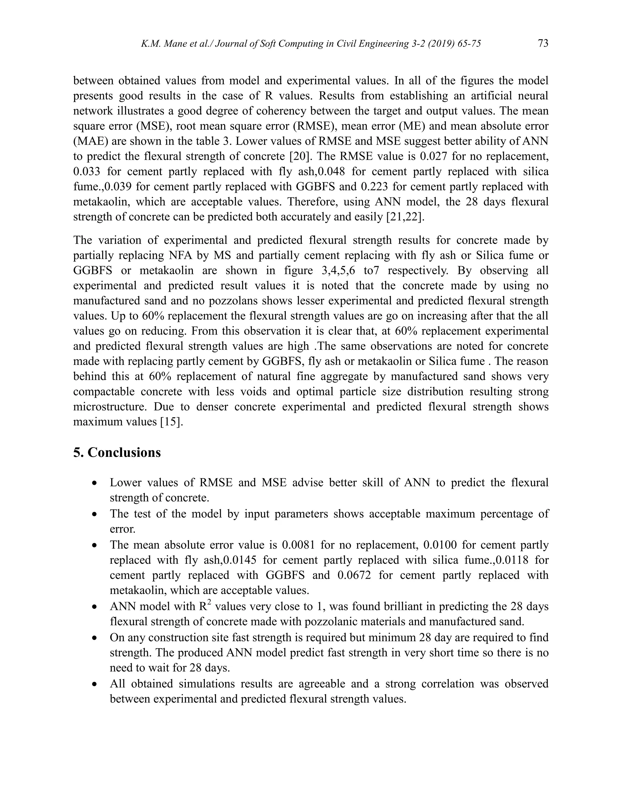 K.M. Mane et al./ Journal of Soft Computing in Civil Engineering 3-2 (2019) 65-75 73
between obtained values from model and experimental values. In all of the figures the model
presents good results in the case of R values. Results from establishing an artificial neural
network illustrates a good degree of coherency between the target and output values. The mean
square error (MSE), root mean square error (RMSE), mean error (ME) and mean absolute error
(MAE) are shown in the table 3. Lower values of RMSE and MSE suggest better ability of ANN
to predict the flexural strength of concrete [20]. The RMSE value is 0.027 for no replacement,
0.033 for cement partly replaced with fly ash,0.048 for cement partly replaced with silica
fume.,0.039 for cement partly replaced with GGBFS and 0.223 for cement partly replaced with
metakaolin, which are acceptable values. Therefore, using ANN model, the 28 days flexural
strength of concrete can be predicted both accurately and easily [21,22].
The variation of experimental and predicted flexural strength results for concrete made by
partially replacing NFA by MS and partially cement replacing with fly ash or Silica fume or
GGBFS or metakaolin are shown in figure 3,4,5,6 to7 respectively. By observing all
experimental and predicted result values it is noted that the concrete made by using no
manufactured sand and no pozzolans shows lesser experimental and predicted flexural strength
values. Up to 60% replacement the flexural strength values are go on increasing after that the all
values go on reducing. From this observation it is clear that, at 60% replacement experimental
and predicted flexural strength values are high .The same observations are noted for concrete
made with replacing partly cement by GGBFS, fly ash or metakaolin or Silica fume . The reason
behind this at 60% replacement of natural fine aggregate by manufactured sand shows very
compactable concrete with less voids and optimal particle size distribution resulting strong
microstructure. Due to denser concrete experimental and predicted flexural strength shows
maximum values [15].
5. Conclusions
 Lower values of RMSE and MSE advise better skill of ANN to predict the flexural
strength of concrete.
 The test of the model by input parameters shows acceptable maximum percentage of
error.
 The mean absolute error value is 0.0081 for no replacement, 0.0100 for cement partly
replaced with fly ash,0.0145 for cement partly replaced with silica fume.,0.0118 for
cement partly replaced with GGBFS and 0.0672 for cement partly replaced with
metakaolin, which are acceptable values.
 ANN model with R2
values very close to 1, was found brilliant in predicting the 28 days
flexural strength of concrete made with pozzolanic materials and manufactured sand.
 On any construction site fast strength is required but minimum 28 day are required to find
strength. The produced ANN model predict fast strength in very short time so there is no
need to wait for 28 days.
 All obtained simulations results are agreeable and a strong correlation was observed
between experimental and predicted flexural strength values.
 