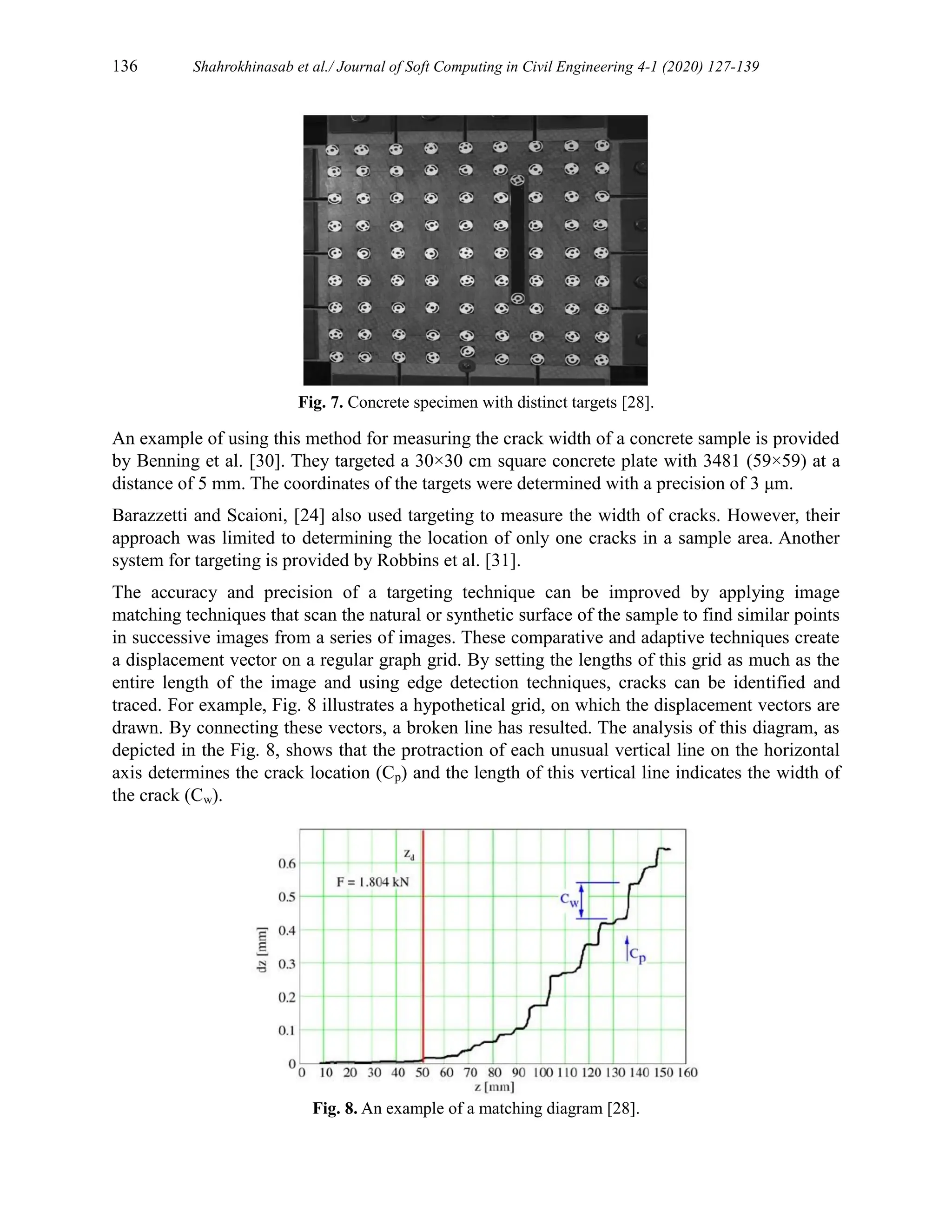 136 Shahrokhinasab et al./ Journal of Soft Computing in Civil Engineering 4-1 (2020) 127-139
Fig. 7. Concrete specimen with distinct targets [28].
An example of using this method for measuring the crack width of a concrete sample is provided
by Benning et al. [30]. They targeted a 30×30 cm square concrete plate with 3481 (59×59) at a
distance of 5 mm. The coordinates of the targets were determined with a precision of 3 μm.
Barazzetti and Scaioni, [24] also used targeting to measure the width of cracks. However, their
approach was limited to determining the location of only one cracks in a sample area. Another
system for targeting is provided by Robbins et al. [31].
The accuracy and precision of a targeting technique can be improved by applying image
matching techniques that scan the natural or synthetic surface of the sample to find similar points
in successive images from a series of images. These comparative and adaptive techniques create
a displacement vector on a regular graph grid. By setting the lengths of this grid as much as the
entire length of the image and using edge detection techniques, cracks can be identified and
traced. For example, Fig. 8 illustrates a hypothetical grid, on which the displacement vectors are
drawn. By connecting these vectors, a broken line has resulted. The analysis of this diagram, as
depicted in the Fig. 8, shows that the protraction of each unusual vertical line on the horizontal
axis determines the crack location (Cp) and the length of this vertical line indicates the width of
the crack (Cw).
Fig. 8. An example of a matching diagram [28].
 