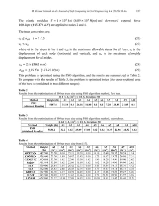 M. Rezaee Manesh et al./ Journal of Soft Computing in Civil Engineering 4-4 (2020) 98-111 107
The elastic modulus 𝐸 = 1 × 104
𝑘𝑠𝑖 (6.89 × 104
𝑀𝑝𝑎) and downward external force
100 𝑘𝑖𝑝𝑠 (445.374 𝐾𝑁) are applied to nodes 2 and 4.
The truss constraints are:
𝜎𝑖 ≤ 𝜎𝑎𝑙𝑙 𝑖 = 1: 10 (26)
𝑢𝑖 ≤ 𝑢𝑎 (27)
where σi is the stress in bar i and σall is the maximum allowable stress for all bars, ui is the
displacement of each node (horizontal and vertical), and ua is the maximum allowable
displacement for all nodes.
𝑢𝑎 = 2 𝑖𝑛 (50.8 𝑚𝑚) (28)
𝜎𝑎𝑙𝑙 = ±25 𝐾𝑠𝑖 (172.25 𝑀𝑝𝑎) (29)
This problem is optimized using the PSO algorithm, and the results are summarized in Table 2;
To compare with the results of Table 3, the problem is optimized twice (the cross-sectional area
of the bars is considered in two different ranges):
Table 2
Results from the optimization of 10-bar truss size using PSO algorithm method, first run.
𝟎. 𝟏 ≤ 𝑨𝒊 (𝒊𝒏𝟐) ≤ 𝟑𝟑. 𝟓, Iteration: 50
A10
A9
A8
A7
A6
A5
A4
A3
A2
A1
Weight (lb)
Method
0.1
21.03
20.85
7.28
0.1
0.1
16.80
26.16
0.1
31.18
5187.4
PSO
(obtained Results)
Table 3
Results from the optimization of 10-bar truss size using PSO algorithm method, second run.
𝟏. 𝟔𝟐 ≤ 𝑨𝒊 (𝒊𝒏𝟐
) ≤ 𝟑𝟑. 𝟓, Iteration: 50
A10
A9
A8
A7
A6
A5
A4
A3
A2
A1
Weight (lb)
Method
1.62
21.52
22.56
8.37
1.62
1.62
17.08
25.89
1.62
32.2
5636.2
PSO
(obtained Results)
Table 4
Results from the optimization of 10-bar truss size from [17].
A10
(𝒊𝒏𝟐
)
A9
(𝒊𝒏𝟐
)
A8
(𝒊𝒏𝟐
)
A7
(𝒊𝒏𝟐
)
A6
(𝒊𝒏𝟐
)
A5
(𝒊𝒏𝟐
)
A4
(𝒊𝒏𝟐
)
A3
(𝒊𝒏𝟐
)
A2
(𝒊𝒏𝟐
)
A1
(𝒊𝒏𝟐
)
Weight
(lb)
Method
1.14
20.74
20.32
15.40
0.10
0.10
19.39
25.11
0.10
25.70
5472.00
OPTDYN
2.51
20.98
19.73
16.67
1.75
0.10
15.83
24.87
1.89
25.20
5563.00
CONMIN
2.62
19.90
19.90
14.20
1.80
1.62
15.50
22.00
1.62
33.50
5620.08
GENETIC
2.62
19.90
19.90
14.20
1.62
1.62
15.50
22.00
1.62
33.50
5613.84
Rajeev
4.42
18.76
19.17
19.34
3.43
0.10
12.77
26.42
3.07
25.84
5719.00
M-3
4.38
18.77
19.18
19.37
3.77
0.10
12.75
26.45
2.88
25.83
5725.00
M-5
5.26
19.27
19.26
17.46
4.17
0.10
14.45
24.78
4.17
24.78
5727.00
GRP-UI
3.26
13.97
20.90
21.71
3.71
0.10
11.66
31.62
2.37
30.69
5932.00
SUMT
13.51
18.40
18.42
18.91
10.98
0.10
14.95
22.08
10.98
21.57
6249.00
LINRM
 