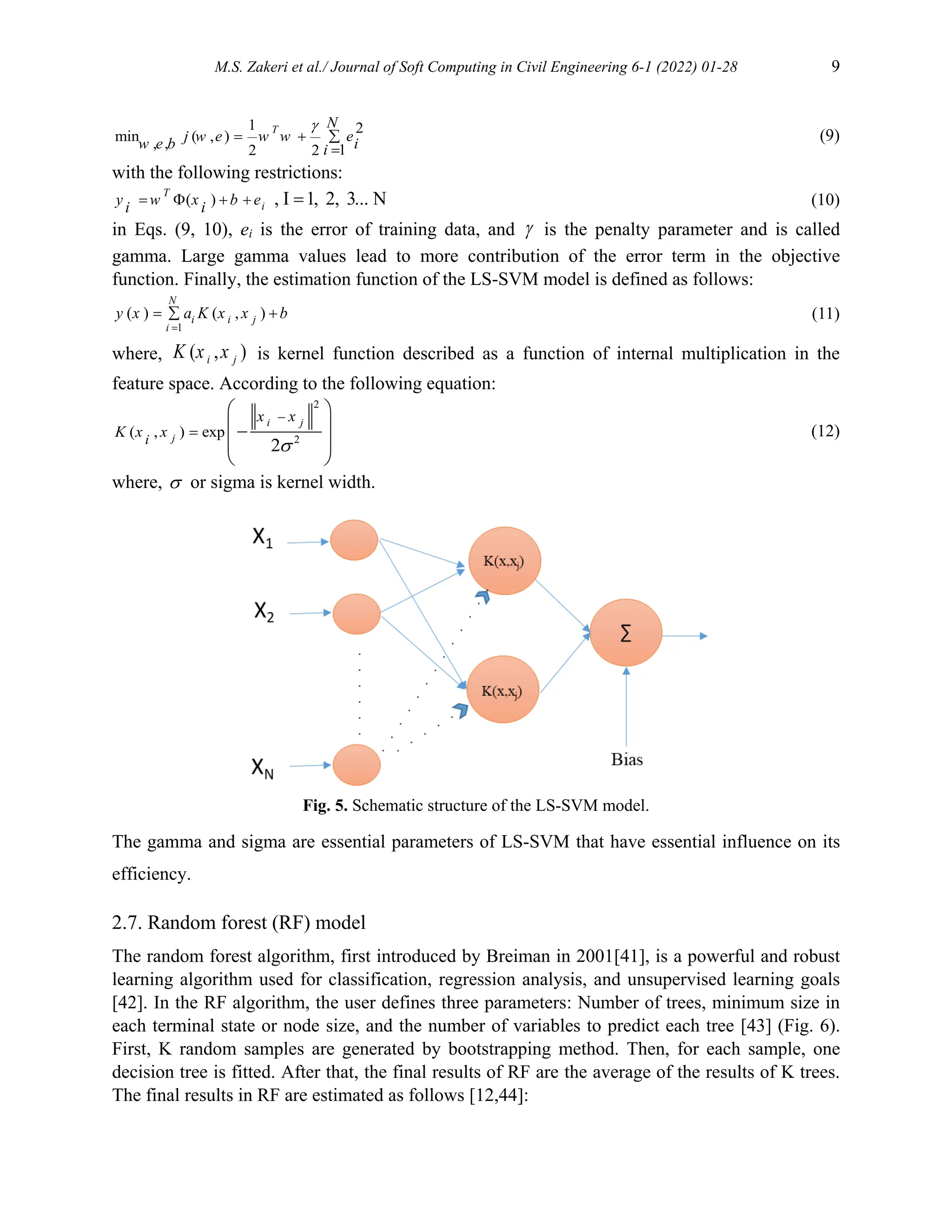M.S. Zakeri et al./ Journal of Soft Computing in Civil Engineering 6-1 (2022) 01-28 9
1 2
min ( , )
, , 1
2 2

  

T
N
j w e w w e
w e b i
i
(9)
with the following restrictions:
( ) , I 1, 2, 3... N
    
T
i
y w x b e
i i (10)
in Eqs. (9, 10), ei is the error of training data, and  is the penalty parameter and is called
gamma. Large gamma values lead to more contribution of the error term in the objective
function. Finally, the estimation function of the LS-SVM model is defined as follows:
1
( ) ( , )

 

N
i i j
i
y x a K x x b (11)
where, ( , )
i j
K x x is kernel function described as a function of internal multiplication in the
feature space. According to the following equation:
2
2
( , ) exp
2


 
 

 
 
i j
j
i
x x
K x x (12)
where,  or sigma is kernel width.
Fig. 5. Schematic structure of the LS-SVM model.
The gamma and sigma are essential parameters of LS-SVM that have essential influence on its
efficiency.
2.7. Random forest (RF) model
The random forest algorithm, first introduced by Breiman in 2001[41], is a powerful and robust
learning algorithm used for classification, regression analysis, and unsupervised learning goals
[42]. In the RF algorithm, the user defines three parameters: Number of trees, minimum size in
each terminal state or node size, and the number of variables to predict each tree [43] (Fig. 6).
First, K random samples are generated by bootstrapping method. Then, for each sample, one
decision tree is fitted. After that, the final results of RF are the average of the results of K trees.
The final results in RF are estimated as follows [12,44]:
 