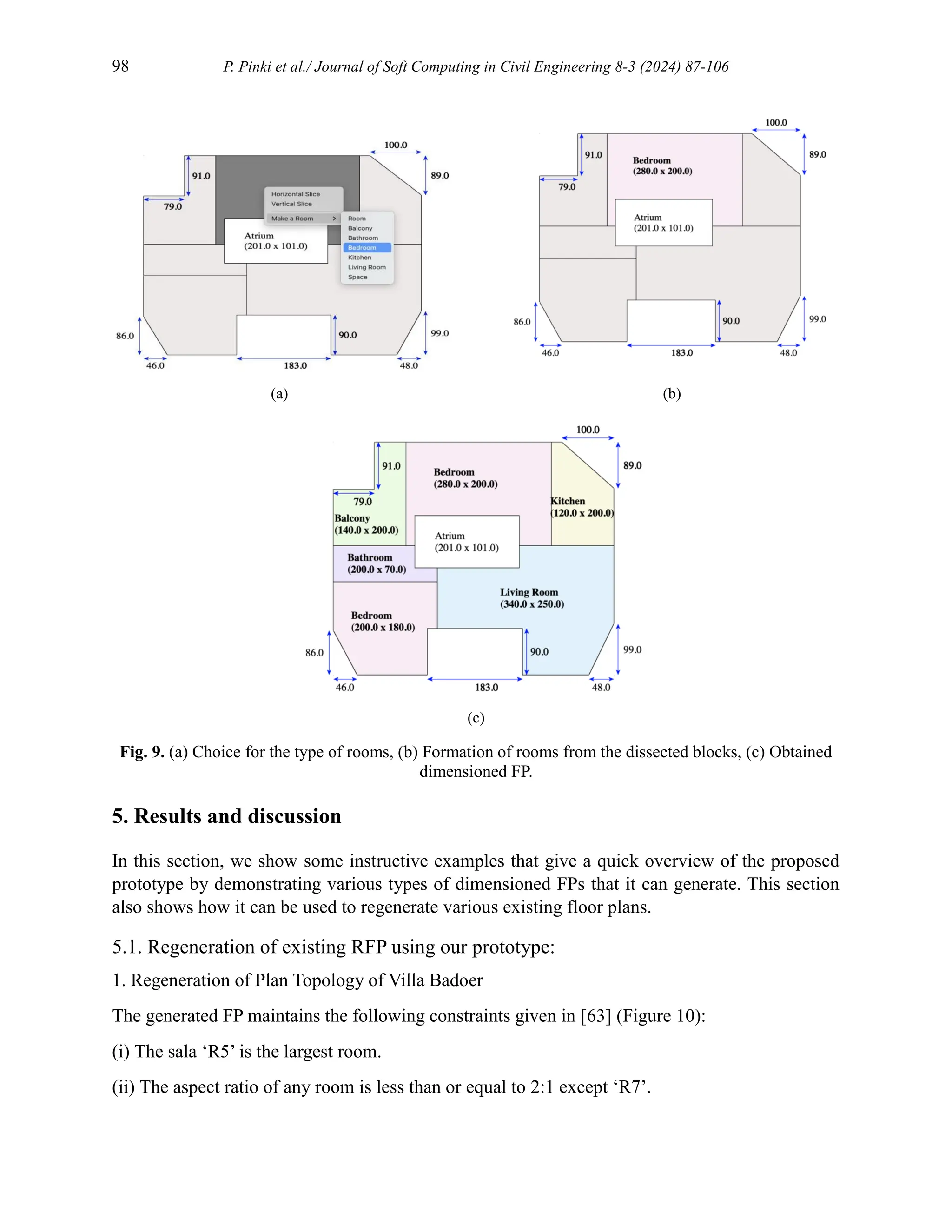 98 P. Pinki et al./ Journal of Soft Computing in Civil Engineering 8-3 (2024) 87-106
(a) (b)
(c)
Fig. 9. (a) Choice for the type of rooms, (b) Formation of rooms from the dissected blocks, (c) Obtained
dimensioned FP.
5. Results and discussion
In this section, we show some instructive examples that give a quick overview of the proposed
prototype by demonstrating various types of dimensioned FPs that it can generate. This section
also shows how it can be used to regenerate various existing floor plans.
5.1. Regeneration of existing RFP using our prototype:
1. Regeneration of Plan Topology of Villa Badoer
The generated FP maintains the following constraints given in [63] (Figure 10):
(i) The sala ‘R5’ is the largest room.
(ii) The aspect ratio of any room is less than or equal to 2:1 except ‘R7’.
 