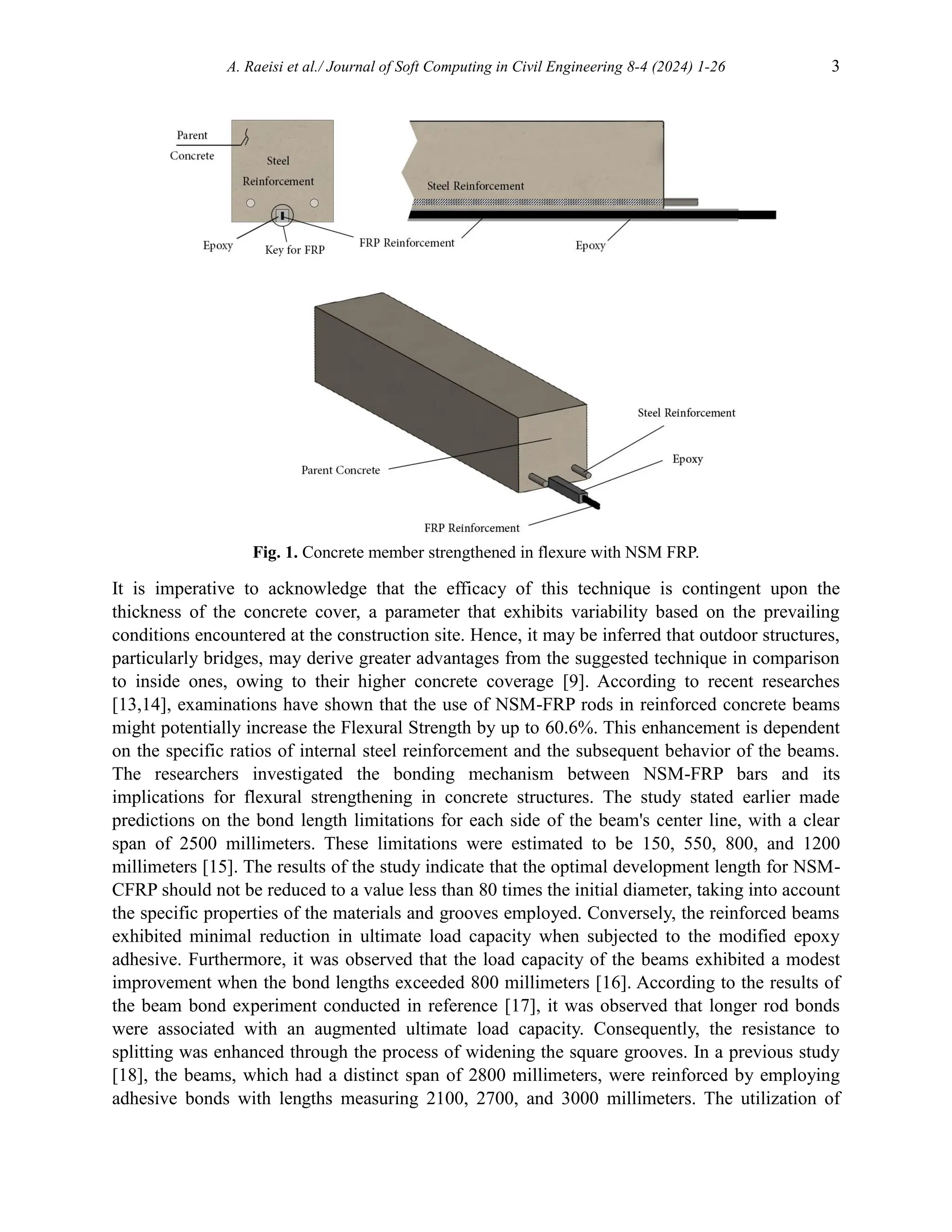 A. Raeisi et al./ Journal of Soft Computing in Civil Engineering 8-4 (2024) 1-26 3
Fig. 1. Concrete member strengthened in flexure with NSM FRP.
It is imperative to acknowledge that the efficacy of this technique is contingent upon the
thickness of the concrete cover, a parameter that exhibits variability based on the prevailing
conditions encountered at the construction site. Hence, it may be inferred that outdoor structures,
particularly bridges, may derive greater advantages from the suggested technique in comparison
to inside ones, owing to their higher concrete coverage [9]. According to recent researches
[13,14], examinations have shown that the use of NSM-FRP rods in reinforced concrete beams
might potentially increase the Flexural Strength by up to 60.6%. This enhancement is dependent
on the specific ratios of internal steel reinforcement and the subsequent behavior of the beams.
The researchers investigated the bonding mechanism between NSM-FRP bars and its
implications for flexural strengthening in concrete structures. The study stated earlier made
predictions on the bond length limitations for each side of the beam's center line, with a clear
span of 2500 millimeters. These limitations were estimated to be 150, 550, 800, and 1200
millimeters [15]. The results of the study indicate that the optimal development length for NSM-
CFRP should not be reduced to a value less than 80 times the initial diameter, taking into account
the specific properties of the materials and grooves employed. Conversely, the reinforced beams
exhibited minimal reduction in ultimate load capacity when subjected to the modified epoxy
adhesive. Furthermore, it was observed that the load capacity of the beams exhibited a modest
improvement when the bond lengths exceeded 800 millimeters [16]. According to the results of
the beam bond experiment conducted in reference [17], it was observed that longer rod bonds
were associated with an augmented ultimate load capacity. Consequently, the resistance to
splitting was enhanced through the process of widening the square grooves. In a previous study
[18], the beams, which had a distinct span of 2800 millimeters, were reinforced by employing
adhesive bonds with lengths measuring 2100, 2700, and 3000 millimeters. The utilization of
 