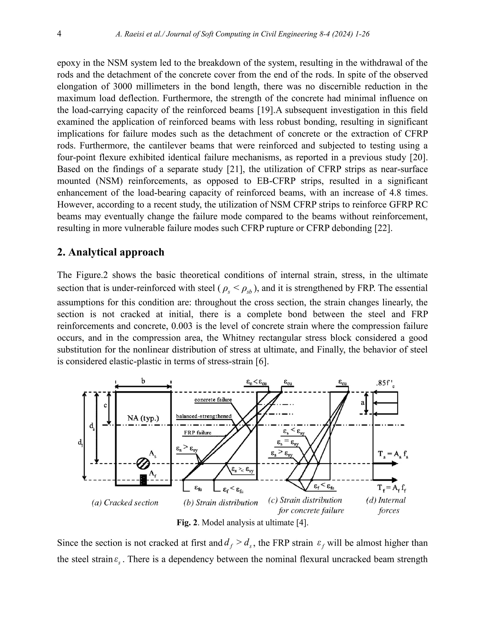 4 A. Raeisi et al./ Journal of Soft Computing in Civil Engineering 8-4 (2024) 1-26
epoxy in the NSM system led to the breakdown of the system, resulting in the withdrawal of the
rods and the detachment of the concrete cover from the end of the rods. In spite of the observed
elongation of 3000 millimeters in the bond length, there was no discernible reduction in the
maximum load deflection. Furthermore, the strength of the concrete had minimal influence on
the load-carrying capacity of the reinforced beams [19].A subsequent investigation in this field
examined the application of reinforced beams with less robust bonding, resulting in significant
implications for failure modes such as the detachment of concrete or the extraction of CFRP
rods. Furthermore, the cantilever beams that were reinforced and subjected to testing using a
four-point flexure exhibited identical failure mechanisms, as reported in a previous study [20].
Based on the findings of a separate study [21], the utilization of CFRP strips as near-surface
mounted (NSM) reinforcements, as opposed to EB-CFRP strips, resulted in a significant
enhancement of the load-bearing capacity of reinforced beams, with an increase of 4.8 times.
However, according to a recent study, the utilization of NSM CFRP strips to reinforce GFRP RC
beams may eventually change the failure mode compared to the beams without reinforcement,
resulting in more vulnerable failure modes such CFRP rupture or CFRP debonding [22].
2. Analytical approach
The Figure.2 shows the basic theoretical conditions of internal strain, stress, in the ultimate
section that is under-reinforced with steel ( s sb
ρ < ρ ), and it is strengthened by FRP. The essential
assumptions for this condition are: throughout the cross section, the strain changes linearly, the
section is not cracked at initial, there is a complete bond between the steel and FRP
reinforcements and concrete, 0.003 is the level of concrete strain where the compression failure
occurs, and in the compression area, the Whitney rectangular stress block considered a good
substitution for the nonlinear distribution of stress at ultimate, and Finally, the behavior of steel
is considered elastic-plastic in terms of stress-strain [6].
Fig. 2. Model analysis at ultimate [4].
Since the section is not cracked at first and f s
d > d , the FRP strain f
ε will be almost higher than
the steel strain s
ε . There is a dependency between the nominal flexural uncracked beam strength
 