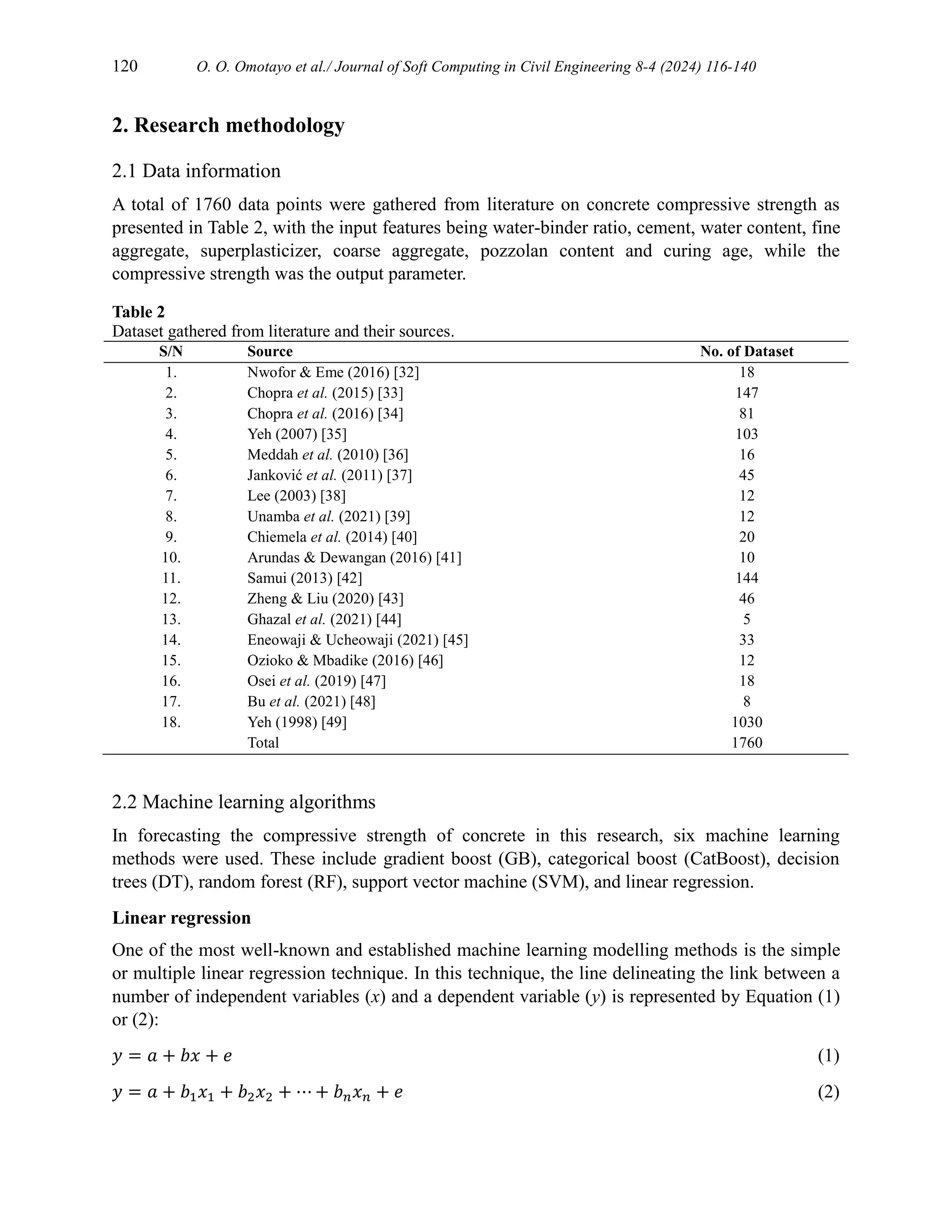 120 O. O. Omotayo et al./ Journal of Soft Computing in Civil Engineering 8-4 (2024) 116-140
2. Research methodology
2.1 Data information
A total of 1760 data points were gathered from literature on concrete compressive strength as
presented in Table 2, with the input features being water-binder ratio, cement, water content, fine
aggregate, superplasticizer, coarse aggregate, pozzolan content and curing age, while the
compressive strength was the output parameter.
Table 2
Dataset gathered from literature and their sources.
S/N Source No. of Dataset
1. Nwofor & Eme (2016) [32] 18
2. Chopra et al. (2015) [33] 147
3. Chopra et al. (2016) [34] 81
4. Yeh (2007) [35] 103
5. Meddah et al. (2010) [36] 16
6. Janković et al. (2011) [37] 45
7. Lee (2003) [38] 12
8. Unamba et al. (2021) [39] 12
9. Chiemela et al. (2014) [40] 20
10. Arundas & Dewangan (2016) [41] 10
11. Samui (2013) [42] 144
12. Zheng & Liu (2020) [43] 46
13. Ghazal et al. (2021) [44] 5
14. Eneowaji & Ucheowaji (2021) [45] 33
15. Ozioko & Mbadike (2016) [46] 12
16. Osei et al. (2019) [47] 18
17. Bu et al. (2021) [48] 8
18. Yeh (1998) [49] 1030
Total 1760
2.2 Machine learning algorithms
In forecasting the compressive strength of concrete in this research, six machine learning
methods were used. These include gradient boost (GB), categorical boost (CatBoost), decision
trees (DT), random forest (RF), support vector machine (SVM), and linear regression.
Linear regression
One of the most well-known and established machine learning modelling methods is the simple
or multiple linear regression technique. In this technique, the line delineating the link between a
number of independent variables (x) and a dependent variable (y) is represented by Equation (1)
or (2):
𝑦 = 𝑎 + 𝑏𝑥 + 𝑒 (1)
𝑦 = 𝑎 + 𝑏1𝑥1 + 𝑏2𝑥2 + ⋯ + 𝑏𝑛𝑥𝑛 + 𝑒 (2)
 