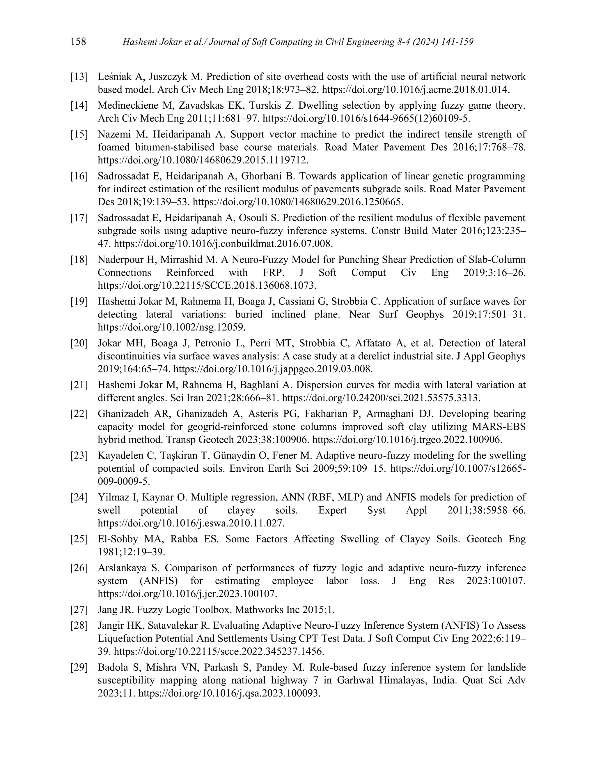 158 Hashemi Jokar et al./ Journal of Soft Computing in Civil Engineering 8-4 (2024) 141-159
[13] Leśniak A, Juszczyk M. Prediction of site overhead costs with the use of artificial neural network
based model. Arch Civ Mech Eng 2018;18:973–82. https://doi.org/10.1016/j.acme.2018.01.014.
[14] Medineckiene M, Zavadskas EK, Turskis Z. Dwelling selection by applying fuzzy game theory.
Arch Civ Mech Eng 2011;11:681–97. https://doi.org/10.1016/s1644-9665(12)60109-5.
[15] Nazemi M, Heidaripanah A. Support vector machine to predict the indirect tensile strength of
foamed bitumen-stabilised base course materials. Road Mater Pavement Des 2016;17:768–78.
https://doi.org/10.1080/14680629.2015.1119712.
[16] Sadrossadat E, Heidaripanah A, Ghorbani B. Towards application of linear genetic programming
for indirect estimation of the resilient modulus of pavements subgrade soils. Road Mater Pavement
Des 2018;19:139–53. https://doi.org/10.1080/14680629.2016.1250665.
[17] Sadrossadat E, Heidaripanah A, Osouli S. Prediction of the resilient modulus of flexible pavement
subgrade soils using adaptive neuro-fuzzy inference systems. Constr Build Mater 2016;123:235–
47. https://doi.org/10.1016/j.conbuildmat.2016.07.008.
[18] Naderpour H, Mirrashid M. A Neuro-Fuzzy Model for Punching Shear Prediction of Slab-Column
Connections Reinforced with FRP. J Soft Comput Civ Eng 2019;3:16–26.
https://doi.org/10.22115/SCCE.2018.136068.1073.
[19] Hashemi Jokar M, Rahnema H, Boaga J, Cassiani G, Strobbia C. Application of surface waves for
detecting lateral variations: buried inclined plane. Near Surf Geophys 2019;17:501–31.
https://doi.org/10.1002/nsg.12059.
[20] Jokar MH, Boaga J, Petronio L, Perri MT, Strobbia C, Affatato A, et al. Detection of lateral
discontinuities via surface waves analysis: A case study at a derelict industrial site. J Appl Geophys
2019;164:65–74. https://doi.org/10.1016/j.jappgeo.2019.03.008.
[21] Hashemi Jokar M, Rahnema H, Baghlani A. Dispersion curves for media with lateral variation at
different angles. Sci Iran 2021;28:666–81. https://doi.org/10.24200/sci.2021.53575.3313.
[22] Ghanizadeh AR, Ghanizadeh A, Asteris PG, Fakharian P, Armaghani DJ. Developing bearing
capacity model for geogrid-reinforced stone columns improved soft clay utilizing MARS-EBS
hybrid method. Transp Geotech 2023;38:100906. https://doi.org/10.1016/j.trgeo.2022.100906.
[23] Kayadelen C, Taşkiran T, Günaydin O, Fener M. Adaptive neuro-fuzzy modeling for the swelling
potential of compacted soils. Environ Earth Sci 2009;59:109–15. https://doi.org/10.1007/s12665-
009-0009-5.
[24] Yilmaz I, Kaynar O. Multiple regression, ANN (RBF, MLP) and ANFIS models for prediction of
swell potential of clayey soils. Expert Syst Appl 2011;38:5958–66.
https://doi.org/10.1016/j.eswa.2010.11.027.
[25] El-Sohby MA, Rabba ES. Some Factors Affecting Swelling of Clayey Soils. Geotech Eng
1981;12:19–39.
[26] Arslankaya S. Comparison of performances of fuzzy logic and adaptive neuro-fuzzy inference
system (ANFIS) for estimating employee labor loss. J Eng Res 2023:100107.
https://doi.org/10.1016/j.jer.2023.100107.
[27] Jang JR. Fuzzy Logic Toolbox. Mathworks Inc 2015;1.
[28] Jangir HK, Satavalekar R. Evaluating Adaptive Neuro-Fuzzy Inference System (ANFIS) To Assess
Liquefaction Potential And Settlements Using CPT Test Data. J Soft Comput Civ Eng 2022;6:119–
39. https://doi.org/10.22115/scce.2022.345237.1456.
[29] Badola S, Mishra VN, Parkash S, Pandey M. Rule-based fuzzy inference system for landslide
susceptibility mapping along national highway 7 in Garhwal Himalayas, India. Quat Sci Adv
2023;11. https://doi.org/10.1016/j.qsa.2023.100093.
 