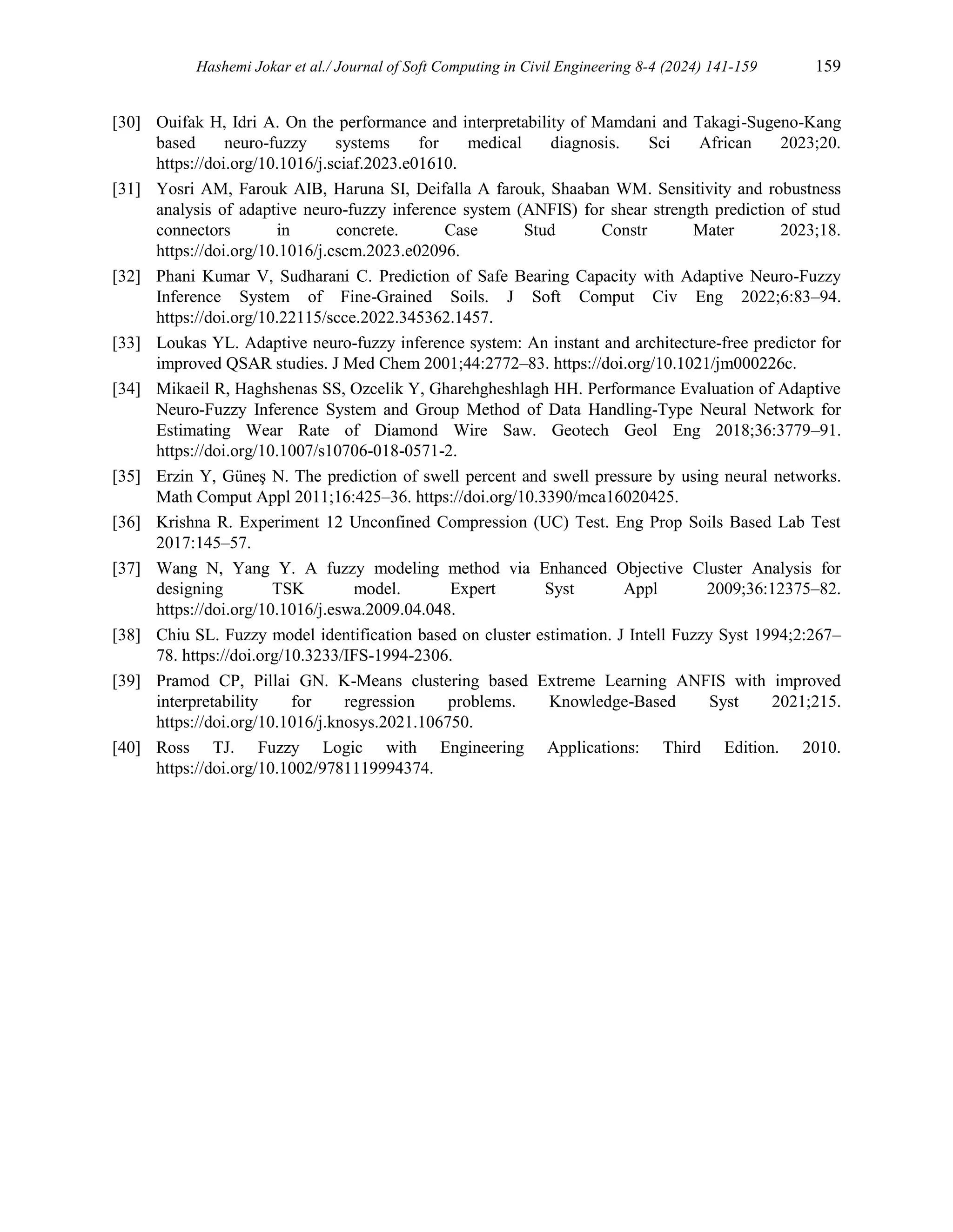 Hashemi Jokar et al./ Journal of Soft Computing in Civil Engineering 8-4 (2024) 141-159 159
[30] Ouifak H, Idri A. On the performance and interpretability of Mamdani and Takagi-Sugeno-Kang
based neuro-fuzzy systems for medical diagnosis. Sci African 2023;20.
https://doi.org/10.1016/j.sciaf.2023.e01610.
[31] Yosri AM, Farouk AIB, Haruna SI, Deifalla A farouk, Shaaban WM. Sensitivity and robustness
analysis of adaptive neuro-fuzzy inference system (ANFIS) for shear strength prediction of stud
connectors in concrete. Case Stud Constr Mater 2023;18.
https://doi.org/10.1016/j.cscm.2023.e02096.
[32] Phani Kumar V, Sudharani C. Prediction of Safe Bearing Capacity with Adaptive Neuro-Fuzzy
Inference System of Fine-Grained Soils. J Soft Comput Civ Eng 2022;6:83–94.
https://doi.org/10.22115/scce.2022.345362.1457.
[33] Loukas YL. Adaptive neuro-fuzzy inference system: An instant and architecture-free predictor for
improved QSAR studies. J Med Chem 2001;44:2772–83. https://doi.org/10.1021/jm000226c.
[34] Mikaeil R, Haghshenas SS, Ozcelik Y, Gharehgheshlagh HH. Performance Evaluation of Adaptive
Neuro-Fuzzy Inference System and Group Method of Data Handling-Type Neural Network for
Estimating Wear Rate of Diamond Wire Saw. Geotech Geol Eng 2018;36:3779–91.
https://doi.org/10.1007/s10706-018-0571-2.
[35] Erzin Y, Güneş N. The prediction of swell percent and swell pressure by using neural networks.
Math Comput Appl 2011;16:425–36. https://doi.org/10.3390/mca16020425.
[36] Krishna R. Experiment 12 Unconfined Compression (UC) Test. Eng Prop Soils Based Lab Test
2017:145–57.
[37] Wang N, Yang Y. A fuzzy modeling method via Enhanced Objective Cluster Analysis for
designing TSK model. Expert Syst Appl 2009;36:12375–82.
https://doi.org/10.1016/j.eswa.2009.04.048.
[38] Chiu SL. Fuzzy model identification based on cluster estimation. J Intell Fuzzy Syst 1994;2:267–
78. https://doi.org/10.3233/IFS-1994-2306.
[39] Pramod CP, Pillai GN. K-Means clustering based Extreme Learning ANFIS with improved
interpretability for regression problems. Knowledge-Based Syst 2021;215.
https://doi.org/10.1016/j.knosys.2021.106750.
[40] Ross TJ. Fuzzy Logic with Engineering Applications: Third Edition. 2010.
https://doi.org/10.1002/9781119994374.
 