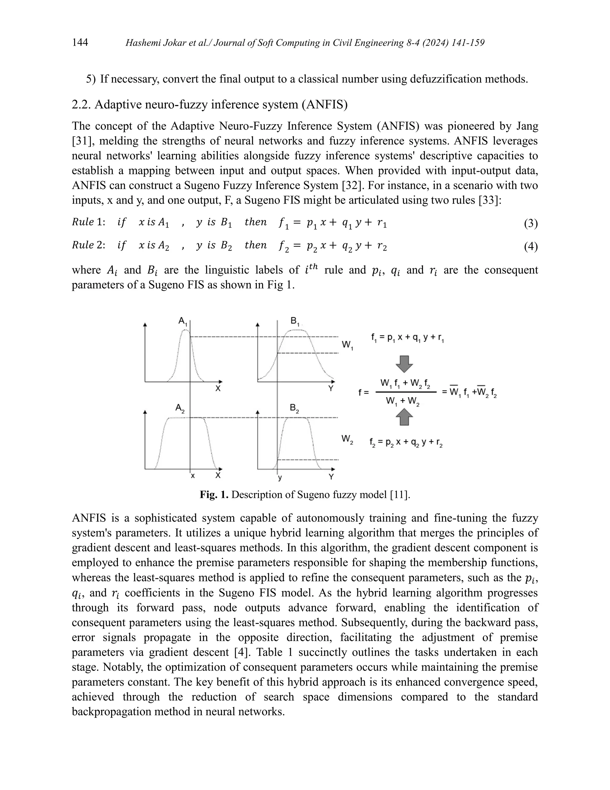 144 Hashemi Jokar et al./ Journal of Soft Computing in Civil Engineering 8-4 (2024) 141-159
5) If necessary, convert the final output to a classical number using defuzzification methods.
2.2. Adaptive neuro-fuzzy inference system (ANFIS)
The concept of the Adaptive Neuro-Fuzzy Inference System (ANFIS) was pioneered by Jang
[31], melding the strengths of neural networks and fuzzy inference systems. ANFIS leverages
neural networks' learning abilities alongside fuzzy inference systems' descriptive capacities to
establish a mapping between input and output spaces. When provided with input-output data,
ANFIS can construct a Sugeno Fuzzy Inference System [32]. For instance, in a scenario with two
inputs, x and y, and one output, F, a Sugeno FIS might be articulated using two rules [33]:
𝑅𝑢𝑙𝑒 1: 𝑖𝑓 𝑥 𝑖𝑠 𝐴1 , 𝑦 𝑖𝑠 𝐵1 𝑡ℎ𝑒𝑛 𝑓1
= 𝑝1
𝑥 + 𝑞1
𝑦 + 𝑟1 (3)
𝑅𝑢𝑙𝑒 2: 𝑖𝑓 𝑥 𝑖𝑠 𝐴2 , 𝑦 𝑖𝑠 𝐵2 𝑡ℎ𝑒𝑛 𝑓2
= 𝑝2
𝑥 + 𝑞2
𝑦 + 𝑟2 (4)
where 𝐴𝑖 and 𝐵𝑖 are the linguistic labels of 𝑖𝑡ℎ
rule and 𝑝𝑖, 𝑞𝑖 and 𝑟𝑖 are the consequent
parameters of a Sugeno FIS as shown in Fig 1.
Fig. 1. Description of Sugeno fuzzy model [11].
ANFIS is a sophisticated system capable of autonomously training and fine-tuning the fuzzy
system's parameters. It utilizes a unique hybrid learning algorithm that merges the principles of
gradient descent and least-squares methods. In this algorithm, the gradient descent component is
employed to enhance the premise parameters responsible for shaping the membership functions,
whereas the least-squares method is applied to refine the consequent parameters, such as the 𝑝𝑖,
𝑞𝑖, and 𝑟𝑖 coefficients in the Sugeno FIS model. As the hybrid learning algorithm progresses
through its forward pass, node outputs advance forward, enabling the identification of
consequent parameters using the least-squares method. Subsequently, during the backward pass,
error signals propagate in the opposite direction, facilitating the adjustment of premise
parameters via gradient descent [4]. Table 1 succinctly outlines the tasks undertaken in each
stage. Notably, the optimization of consequent parameters occurs while maintaining the premise
parameters constant. The key benefit of this hybrid approach is its enhanced convergence speed,
achieved through the reduction of search space dimensions compared to the standard
backpropagation method in neural networks.
 