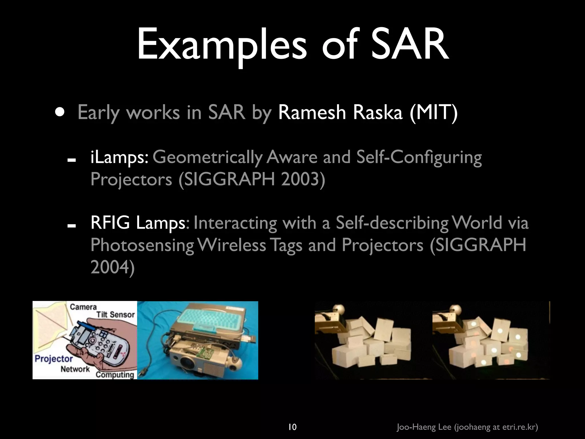 Examples of SAR
• Early works in SAR by Ramesh Raska (MIT)	

-

iLamps: Geometrically Aware and Self-Conﬁguring
Projectors (SIGGRAPH 2003)	


-

RFIG Lamps: Interacting with a Self-describing World via
Photosensing Wireless Tags and Projectors (SIGGRAPH
2004)

10

Joo-Haeng Lee (joohaeng at etri.re.kr)

 