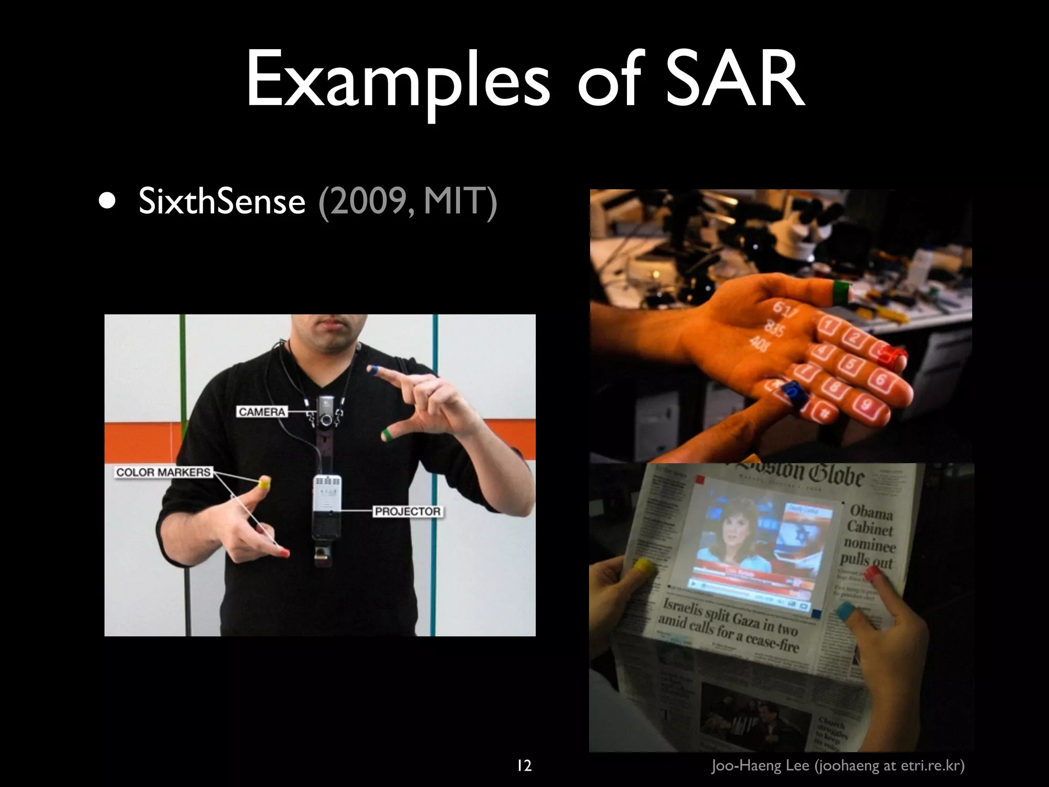 Examples of SAR
• SixthSense (2009, MIT)

12

Joo-Haeng Lee (joohaeng at etri.re.kr)

 